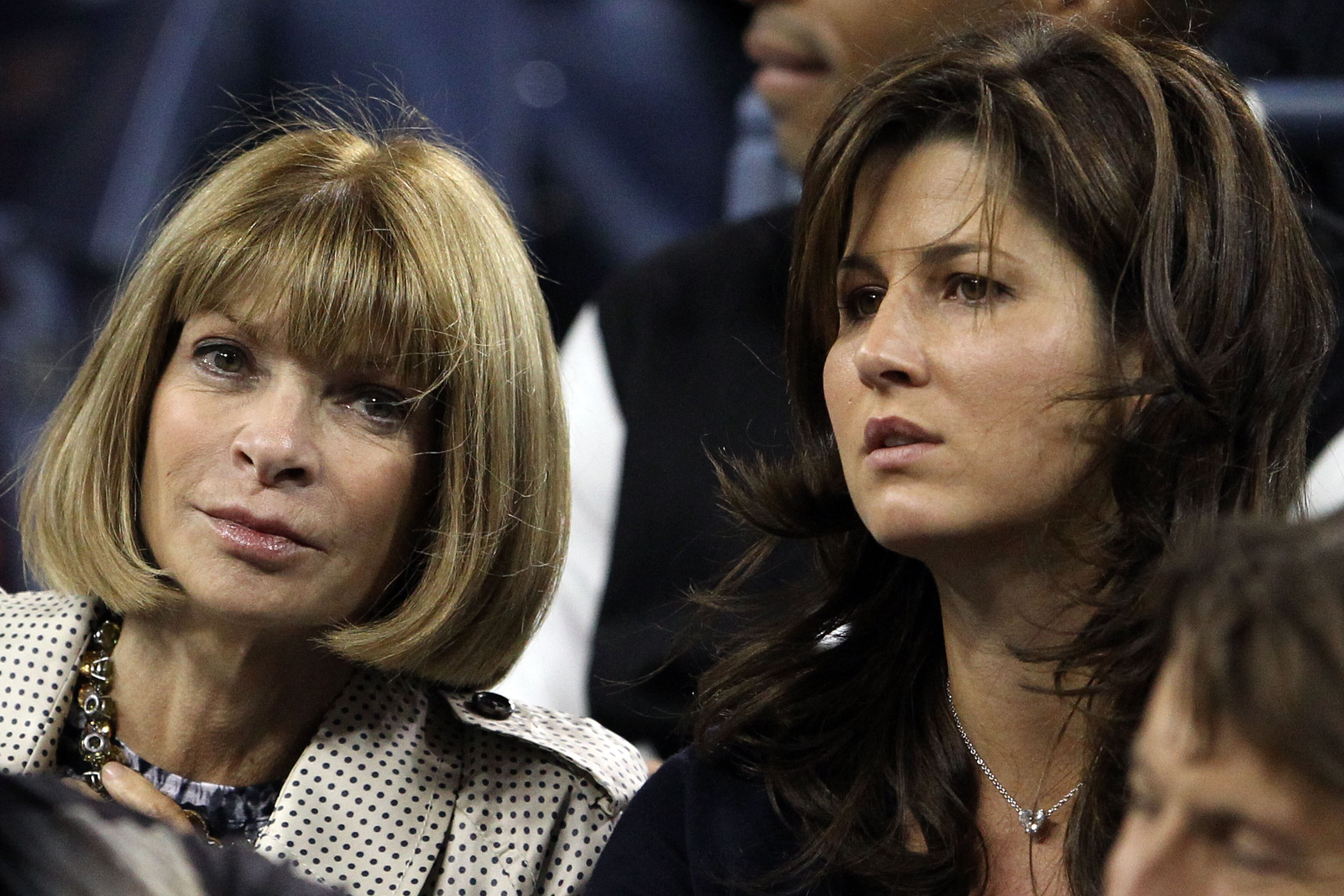 NEW YORK - SEPTEMBER 08:  (L-R) Anna Wintour and Mirka Federer look on as Robin Soderling of Sweden plays against Roger Federer of Switzerland during their men's singles quarterfinal match on day ten of the 2010 U.S. Open at the USTA Billie Jean King Nati