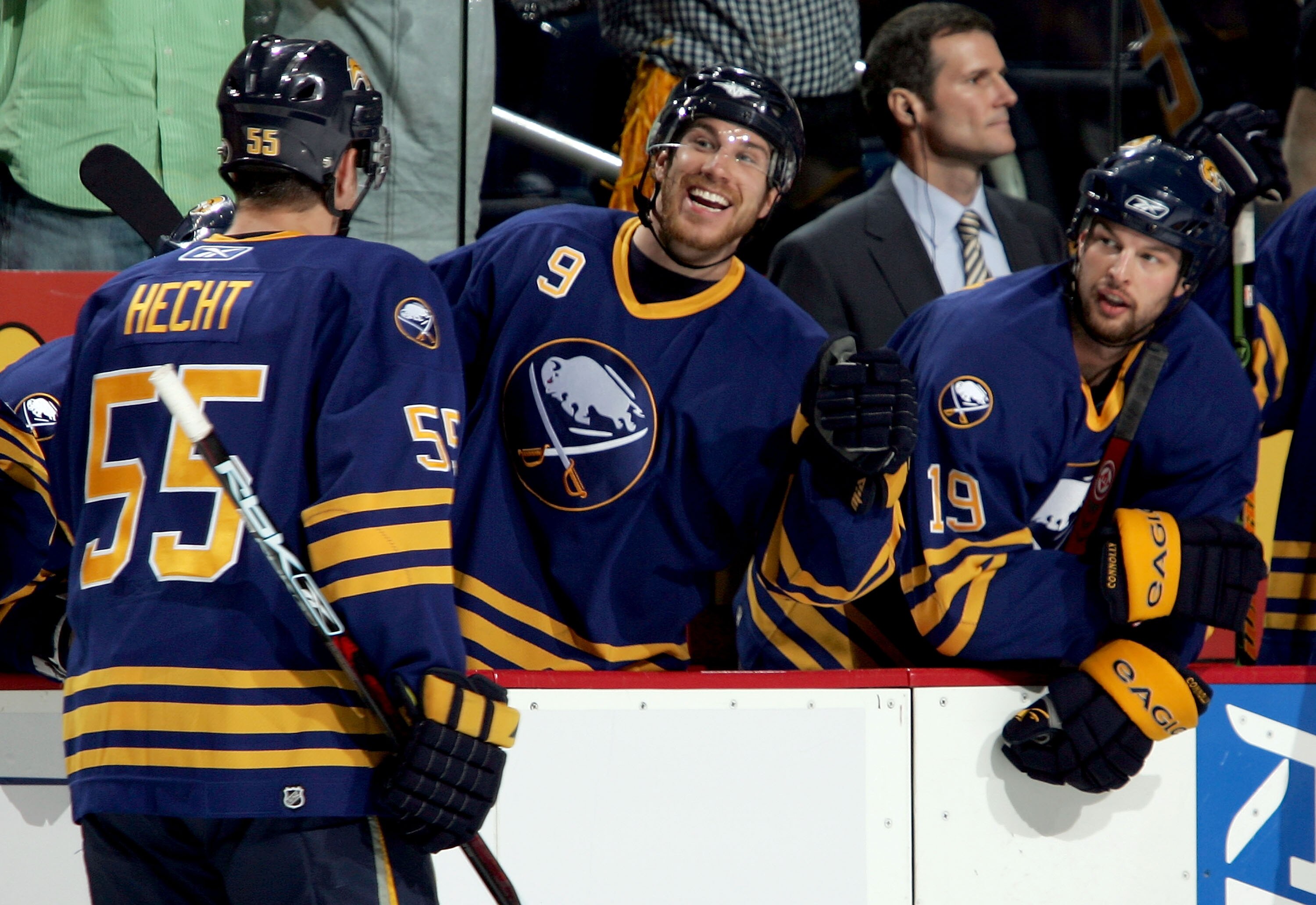 BUFFALO, NY - MAY 19:  Jochen Hecht #55 of the Buffalo Sabres is congratulated by teammates Derek Roy #9 and Tim Connolly #19 after his goal in the second period of Game 5 of the 2007 Eastern Conference Finals against the Ottawa Senators on May 19, 2007 a