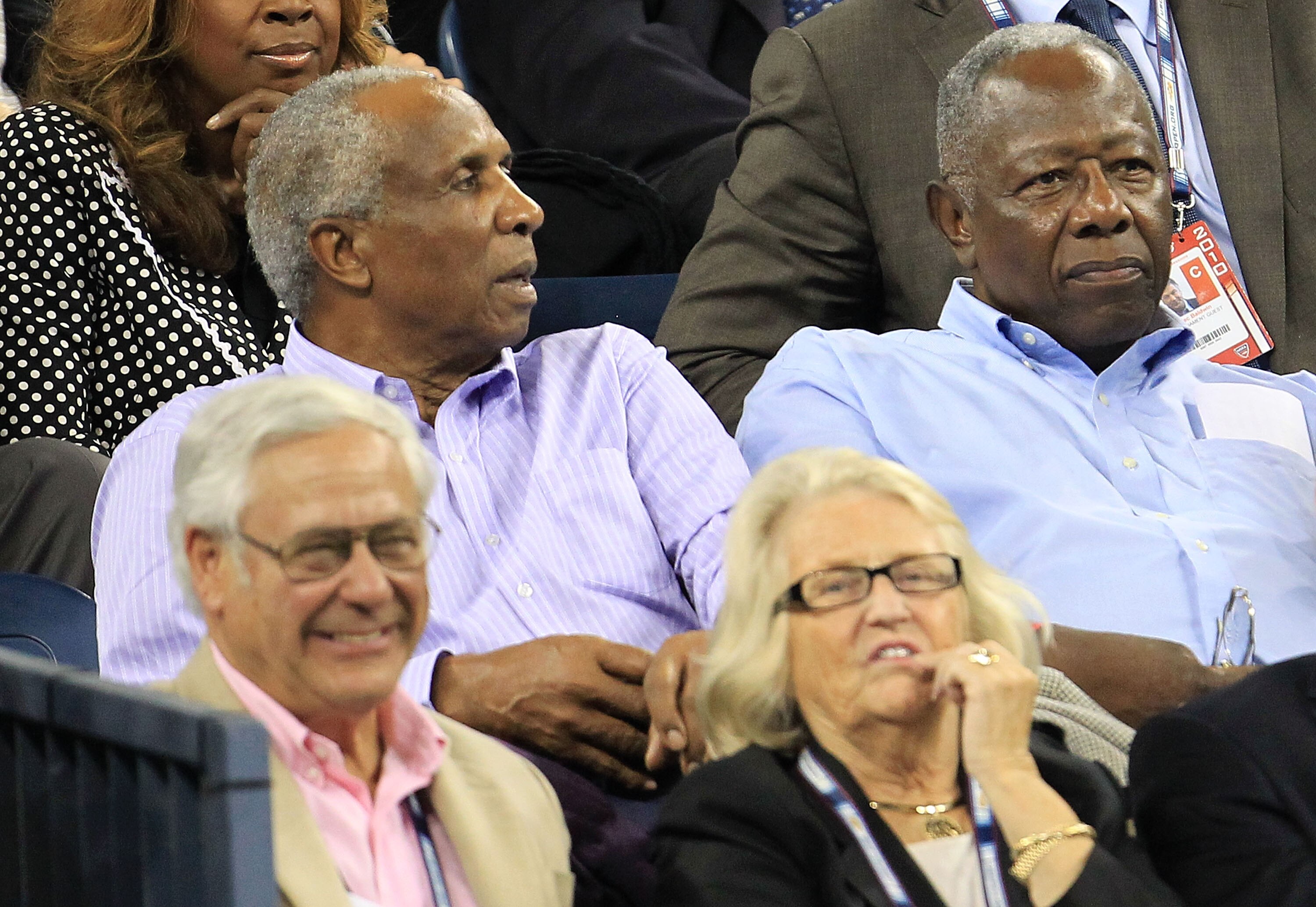 NEW YORK - SEPTEMBER 07:  (L-R) Hall of Famers Frank Robinson and Hank Aaron attend the women's singles match between Samantha Stosur of Australia and Kim Clijsters of Belgium during day nine of the 2010 U.S. Open at the USTA Billie Jean King National Ten