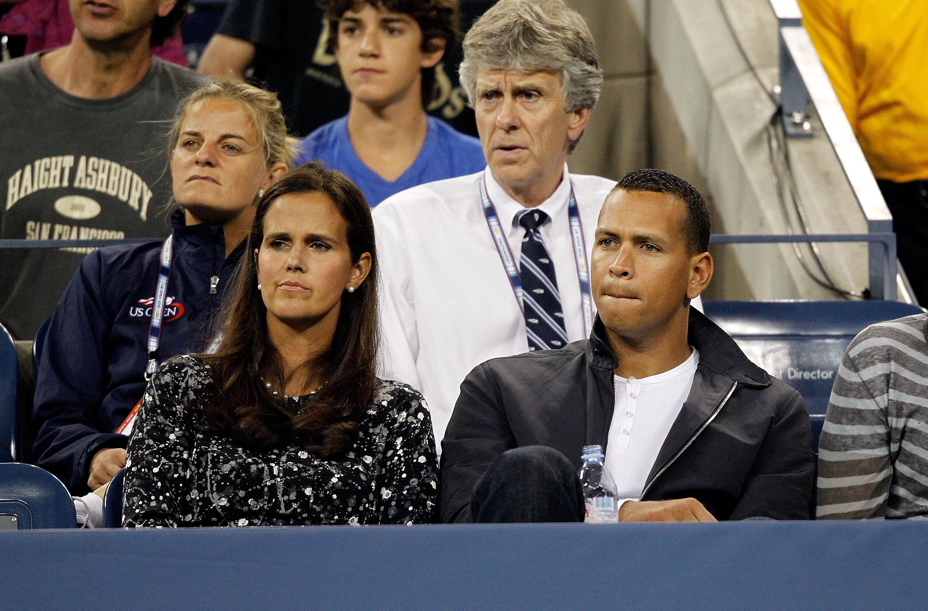 NEW YORK - SEPTEMBER 06:  Television Tennis analyst Mary Jo Fernandez (L) and Alex Rodriguez of the New York Yankees watches Roger Federer of Switzerland hits a return against Jurgen Melzer of Austria during day eight of the 2010 U.S. Open at the USTA Bil