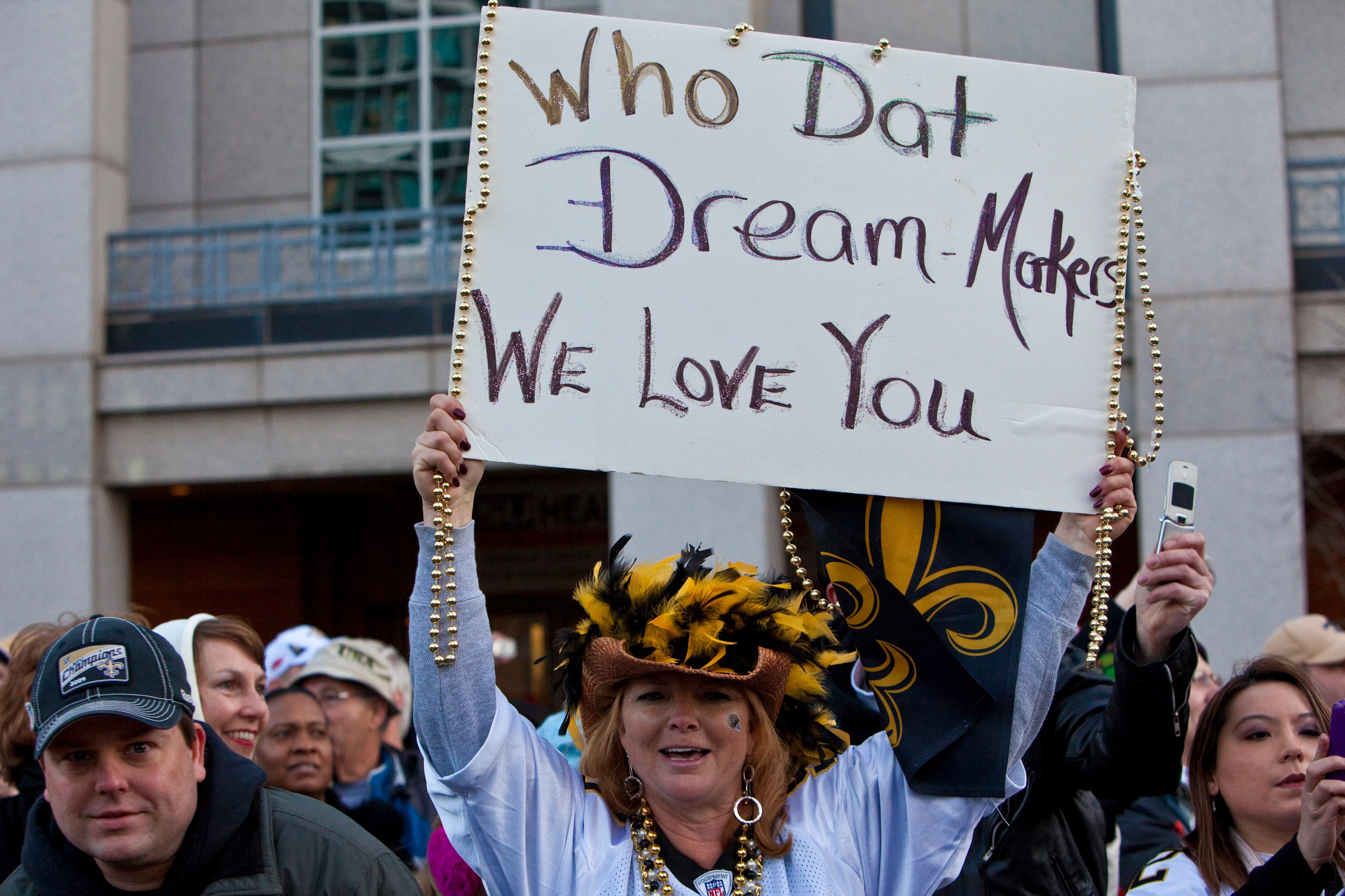 NEW ORLEANS - FEBRUARY 09: Dedicated New Orleans Saints fans fill the streets and greet the team during the New Orleans Saints Super Bowl XLIV Victory Parade on February 9, 2010 in New Orleans, Louisiana. (Photo by Skip Bolen/Getty Images)
