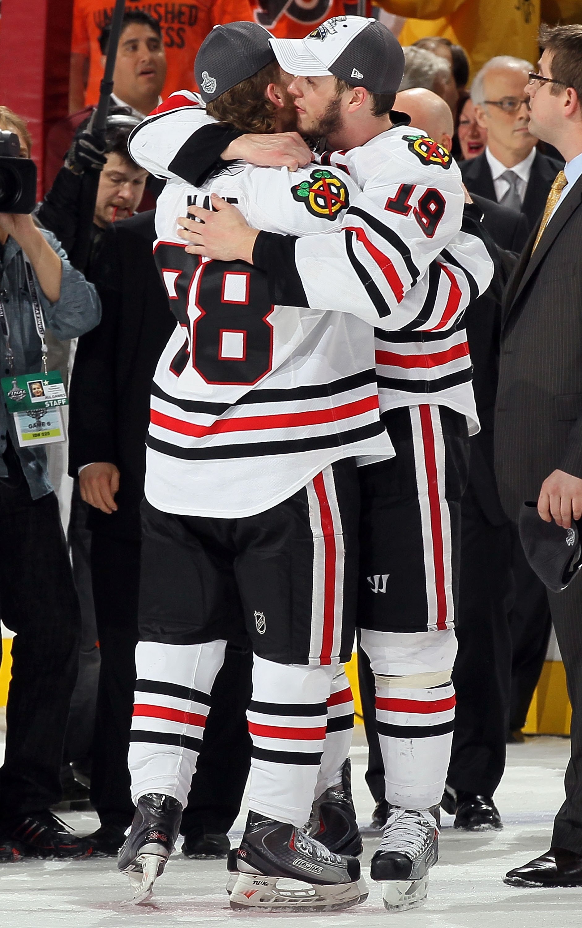 PHILADELPHIA - JUNE 09:  Jonathan Toews #19 and Patrick Kane #88 of the Chicago Blackhawks celebrate after defeating the Philadelphia Flyers 4-3 to win the Stanley Cup in Game Six of the 2010 NHL Stanley Cup Final at the Wachovia Center on June 9, 2010 in
