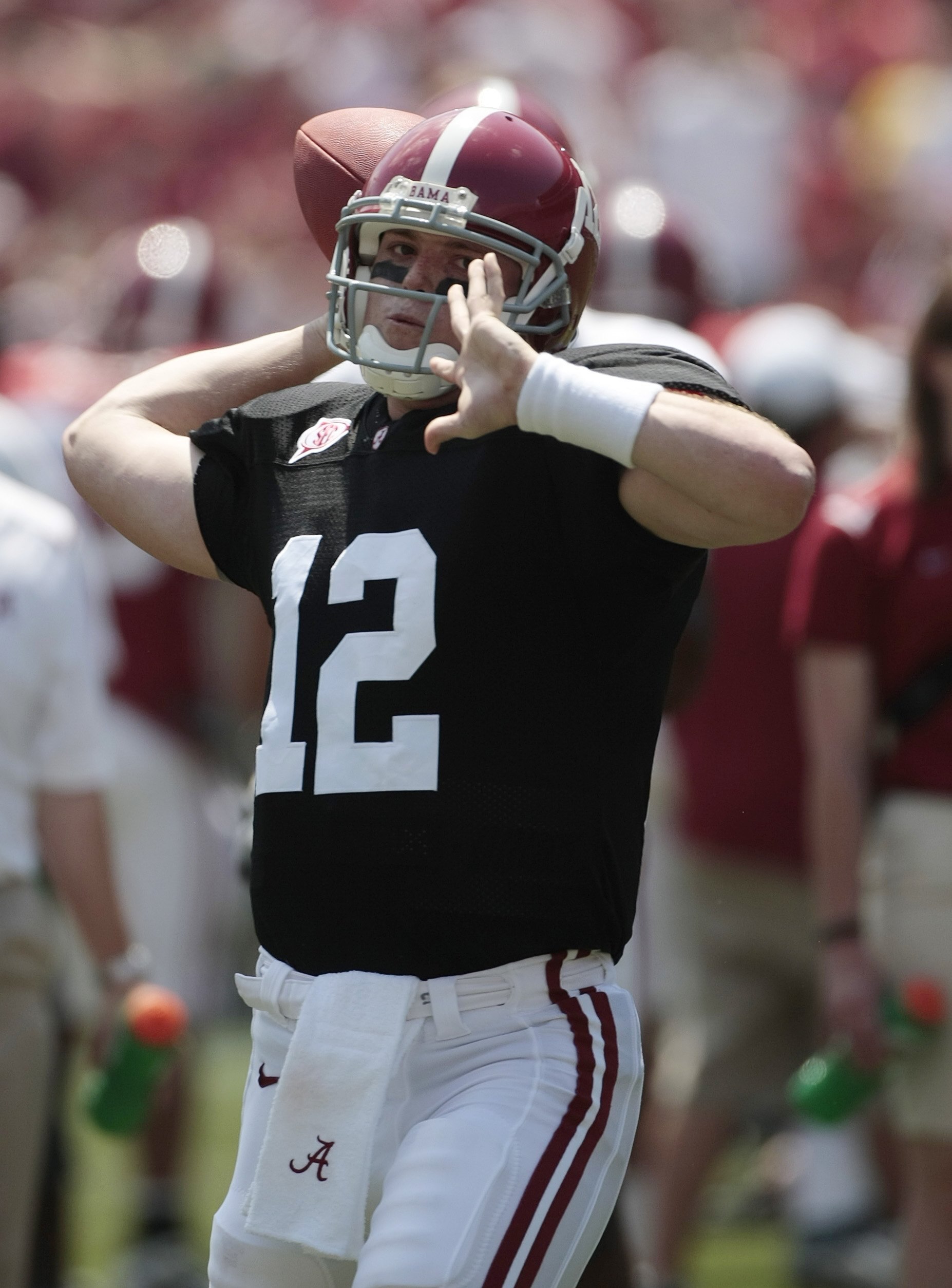 TUSCALOOSA, AL - APRIL 17: Quarterback Greg McElroy (12) of the University of Alabama throws prior to the start of the Alabama spring game at Bryant Denny Stadium on April 17, 2010 in Tuscaloosa, Alabama. (Photo by Dave Martin/Getty Images)