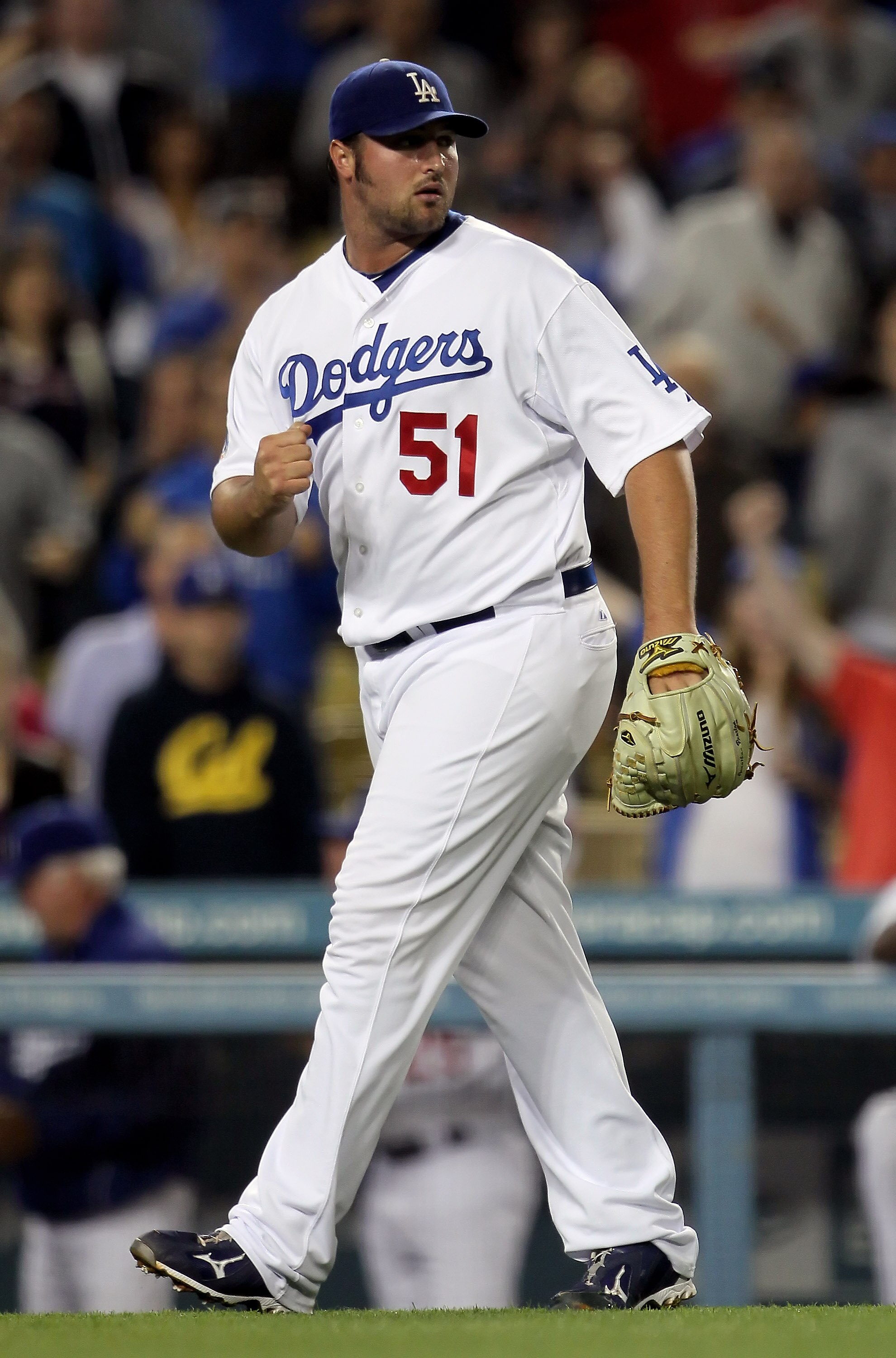 LOS ANGELES, CA - JUNE 09:  Pitcher Jonathan Broxton #51 of the Los Angeles Dodgers pumps his fist after getting Randy Winn of the St. Louis Cardinals to ground out to end the game at Dodger Stadium on June 9, 2010 in Los Angeles, California. The Dodgers 