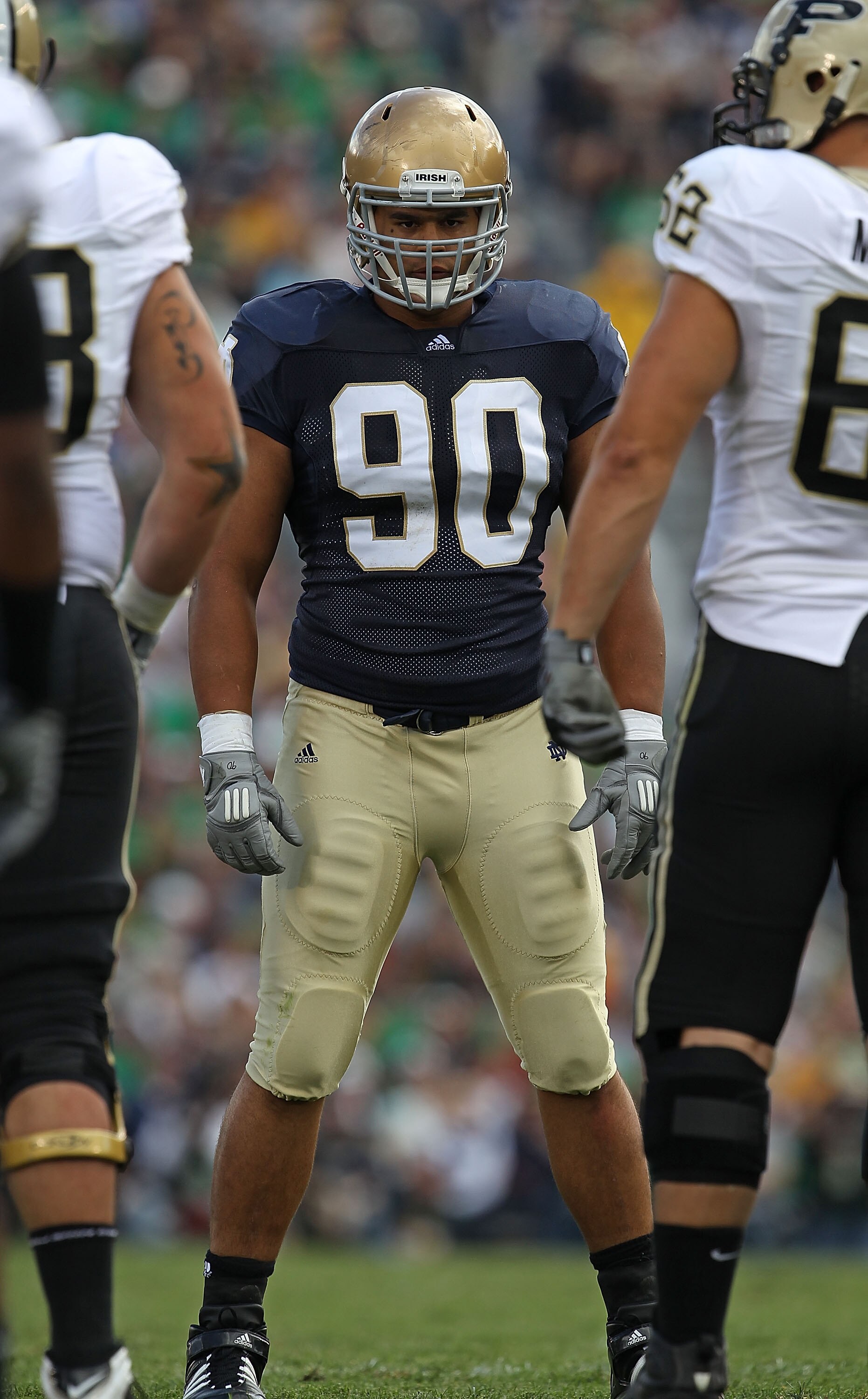 SOUTH BEND, IN - SEPTEMBER 04: Ethan Johnson #90 of the Notre Dame Fighting Irish awaits the start of play against the Purdue Boilermakers at Notre Dame Stadium on September 4, 2010 in South Bend, Indiana. Notre Dame defeated Purdue 23-12. (Photo by Jonat