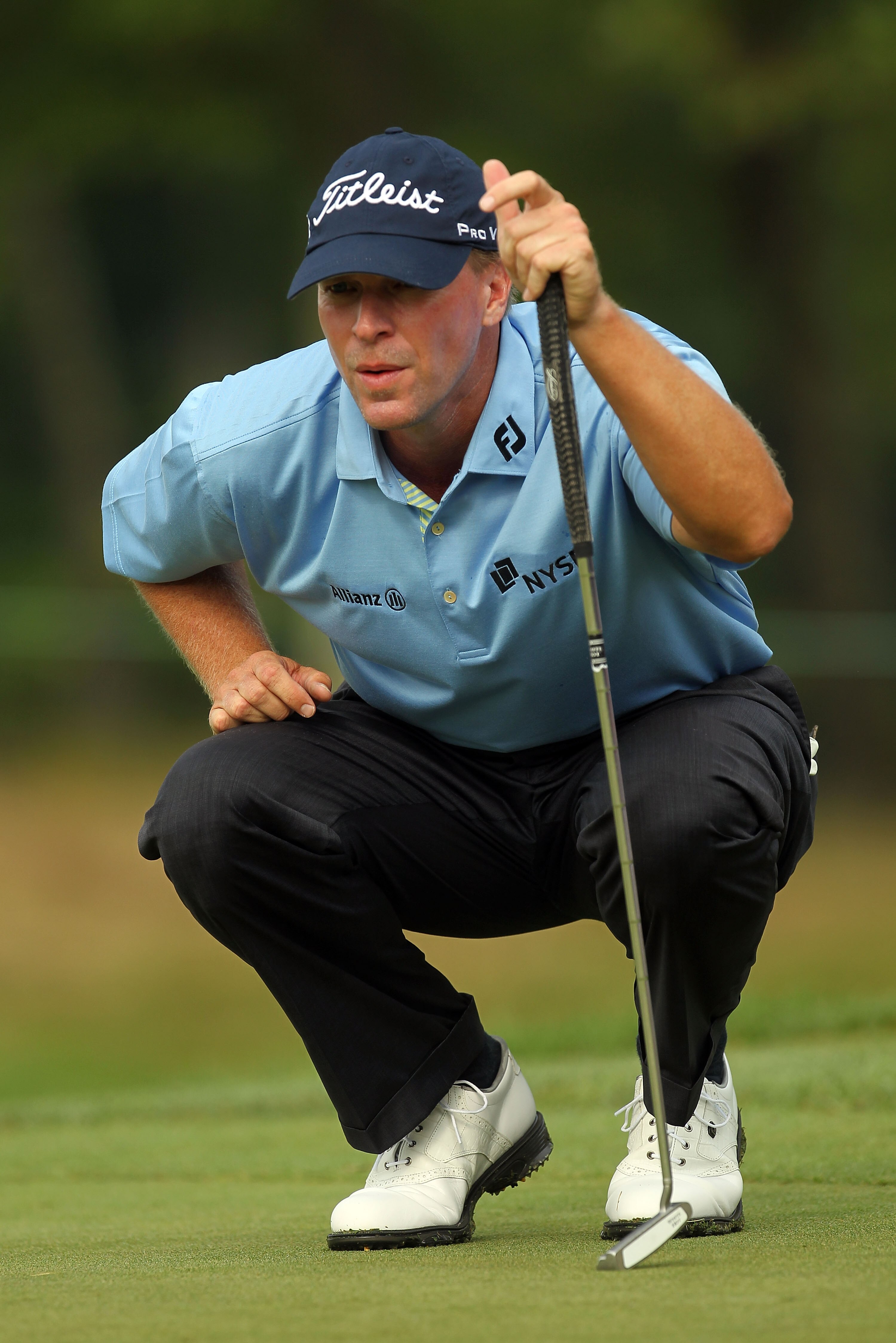 NORTON, MA - SEPTEMBER 03:  Steve Stricker looks on during the 13th hole in the first round of the Deutsche Bank Championship at TPC Boston on September 3, 2010 in Norton, Massachusetts.  (Photo by Mike Ehrmann/Getty Images)