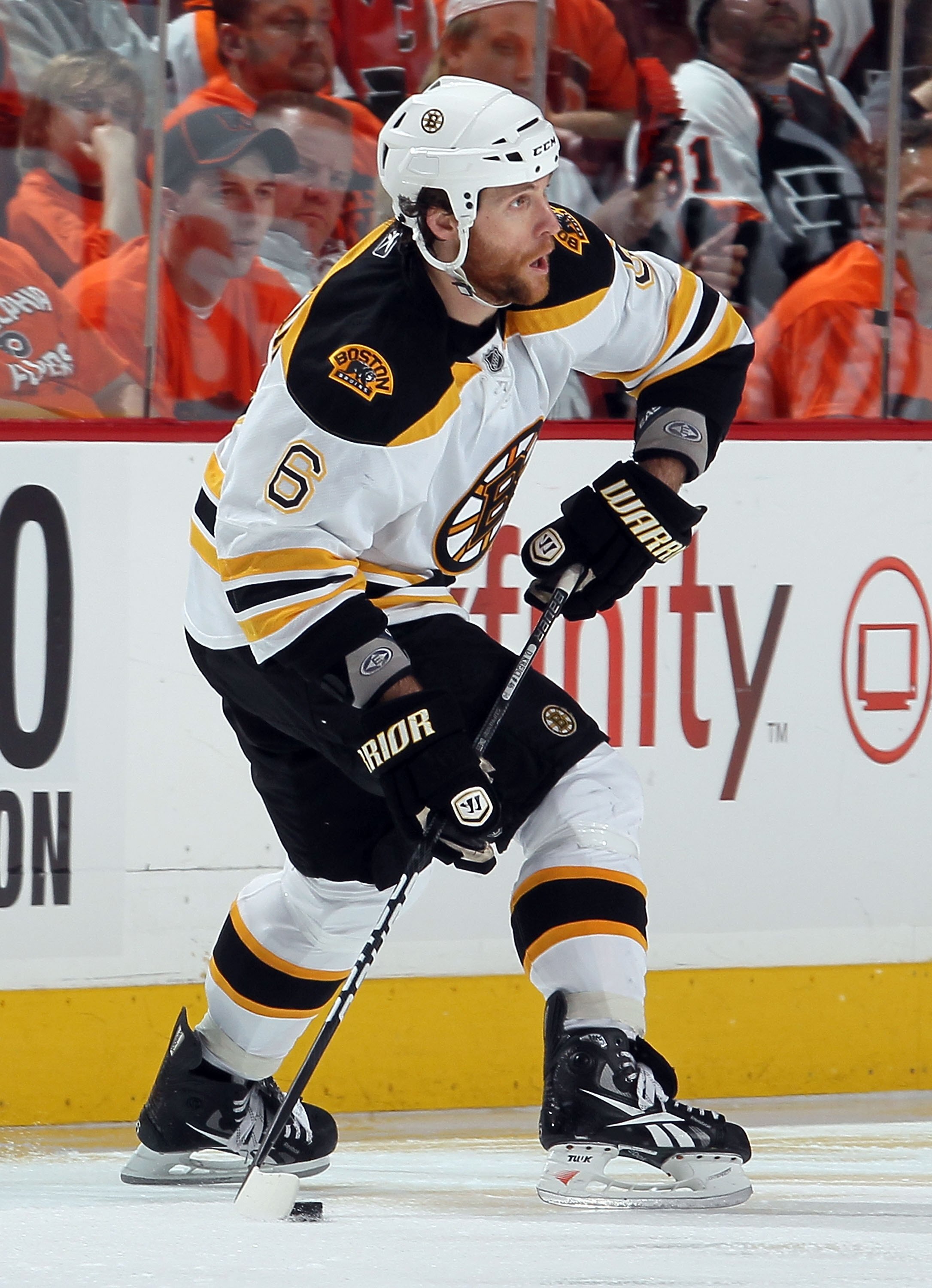 PHILADELPHIA - MAY 05: Dennis Wideman #6 of the Boston Bruins skates against the Philadelphia Flyers in Game Three of the Eastern Conference Semifinals during the 2010 NHL Stanley Cup Playoffs at the Wachovia Center on May 5, 2010 in Philadelphia, Pennsy PHILADELPHIA - MAY 05: Dennis Wideman #6 of the Boston Bruins skates against the Philadelphia Flyers in Game Three of the Eastern Conference Semifinals during the 2010 NHL Stanley Cup Playoffs at the Wachovia Center on May 5, 2010 in Philadelphia, Pennsy