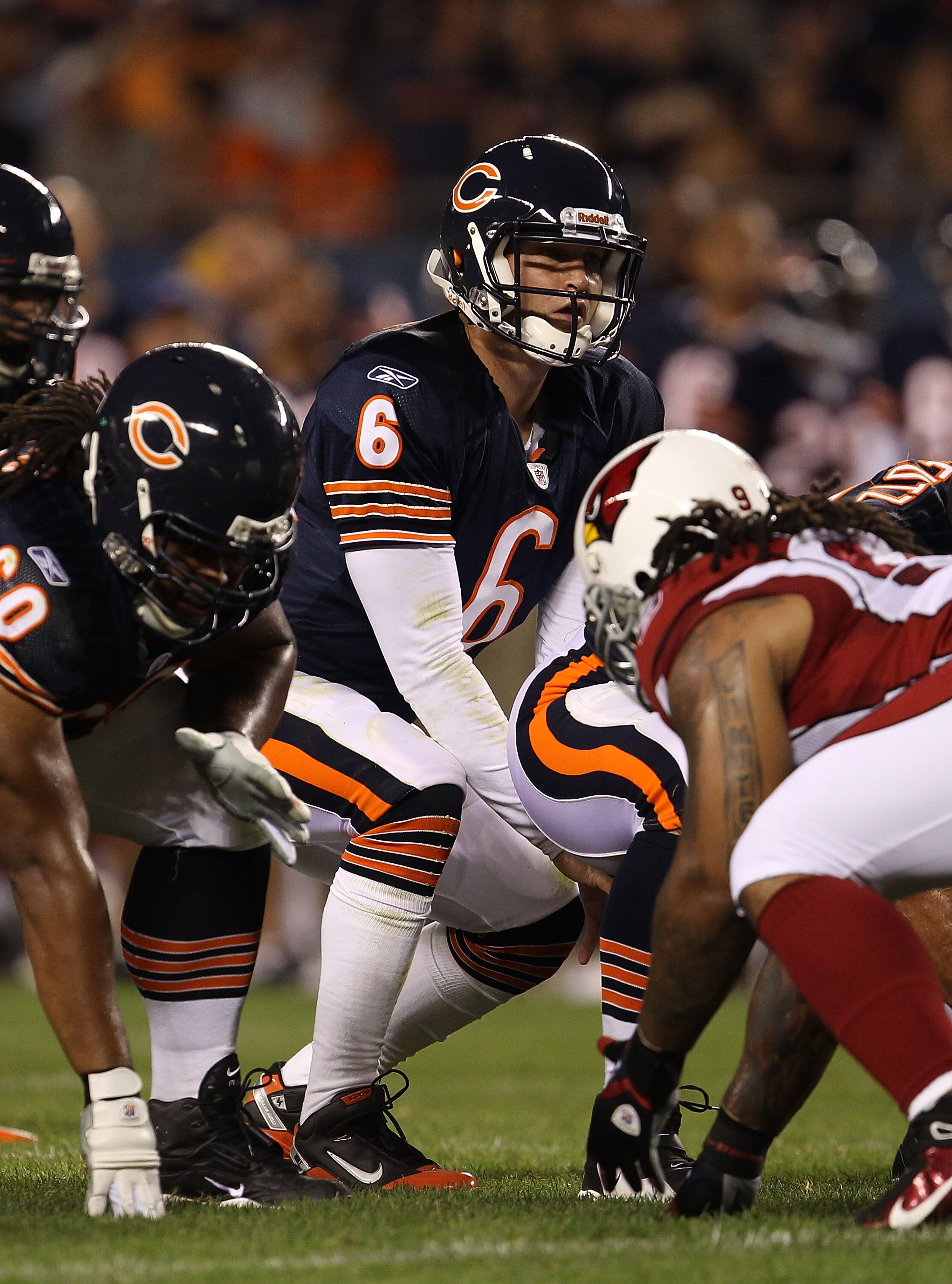 CHICAGO - AUGUST 28: Jay Cutler #6 of the Chicago Bears calls the signals against the Arizona Cardinals during a preseason game at Soldier Field on August 28, 2010 in Chicago, Illinois. The Cardinals defeated the Bears 14-9. (Photo by Jonathan Daniel/Gett