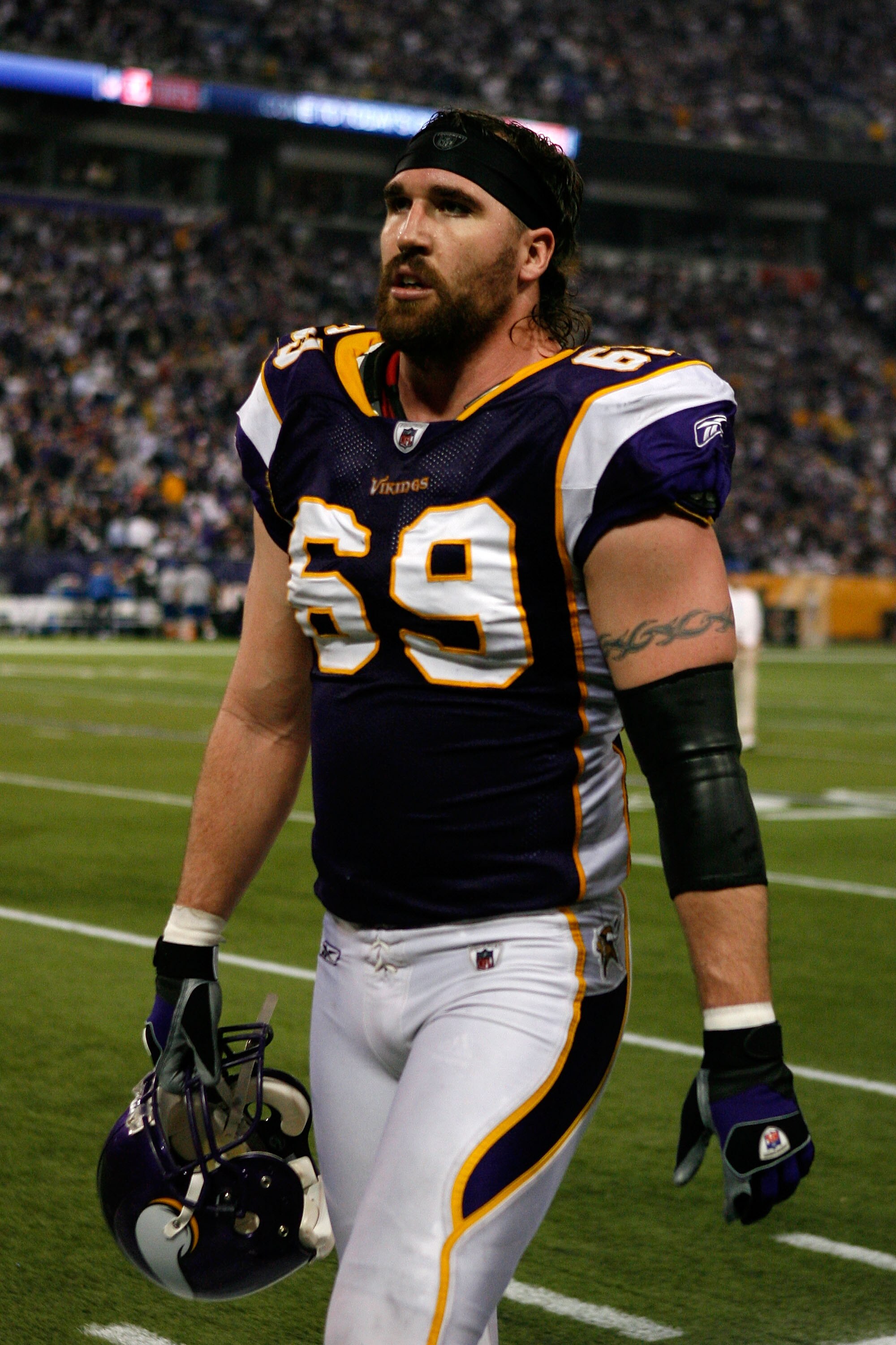 MINNEAPOLIS - JANUARY 17: Defensive end Jared Allen #69 of the Minnesota Vikings walks off the field during halftime while playing against the Dallas Cowboys during the NFC Divisional Playoff Game at Hubert H. Humphrey Metrodome on January 17, 2010 in Min