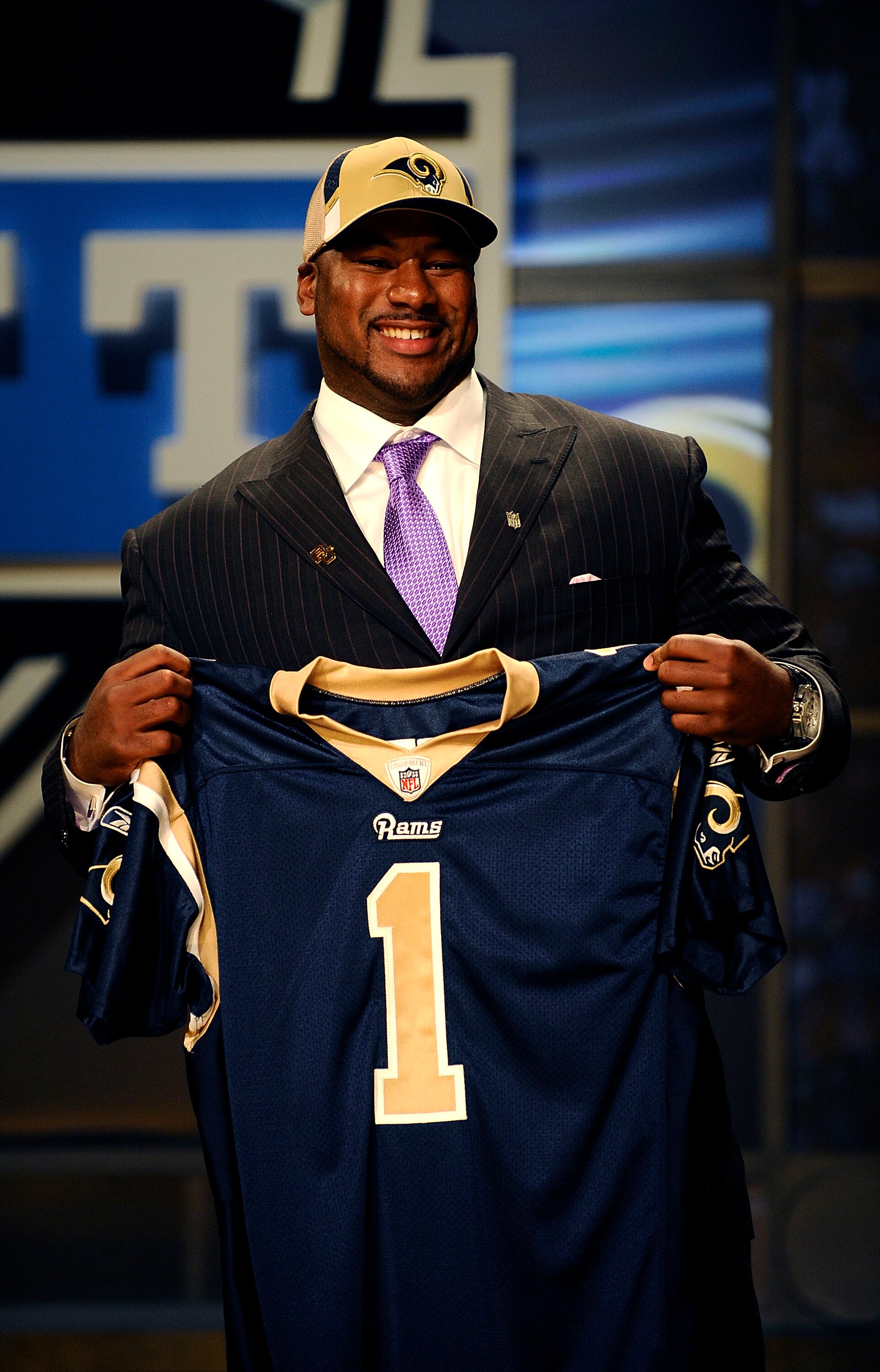 NEW YORK - APRIL 25:  St. Louis Rams draft pick Jason Smith poses with his new jersey at Radio City Music Hall for the 2009 NFL Draft on April 25, 2009 in New York City  (Photo by Jeff Zelevansky/Getty Images)