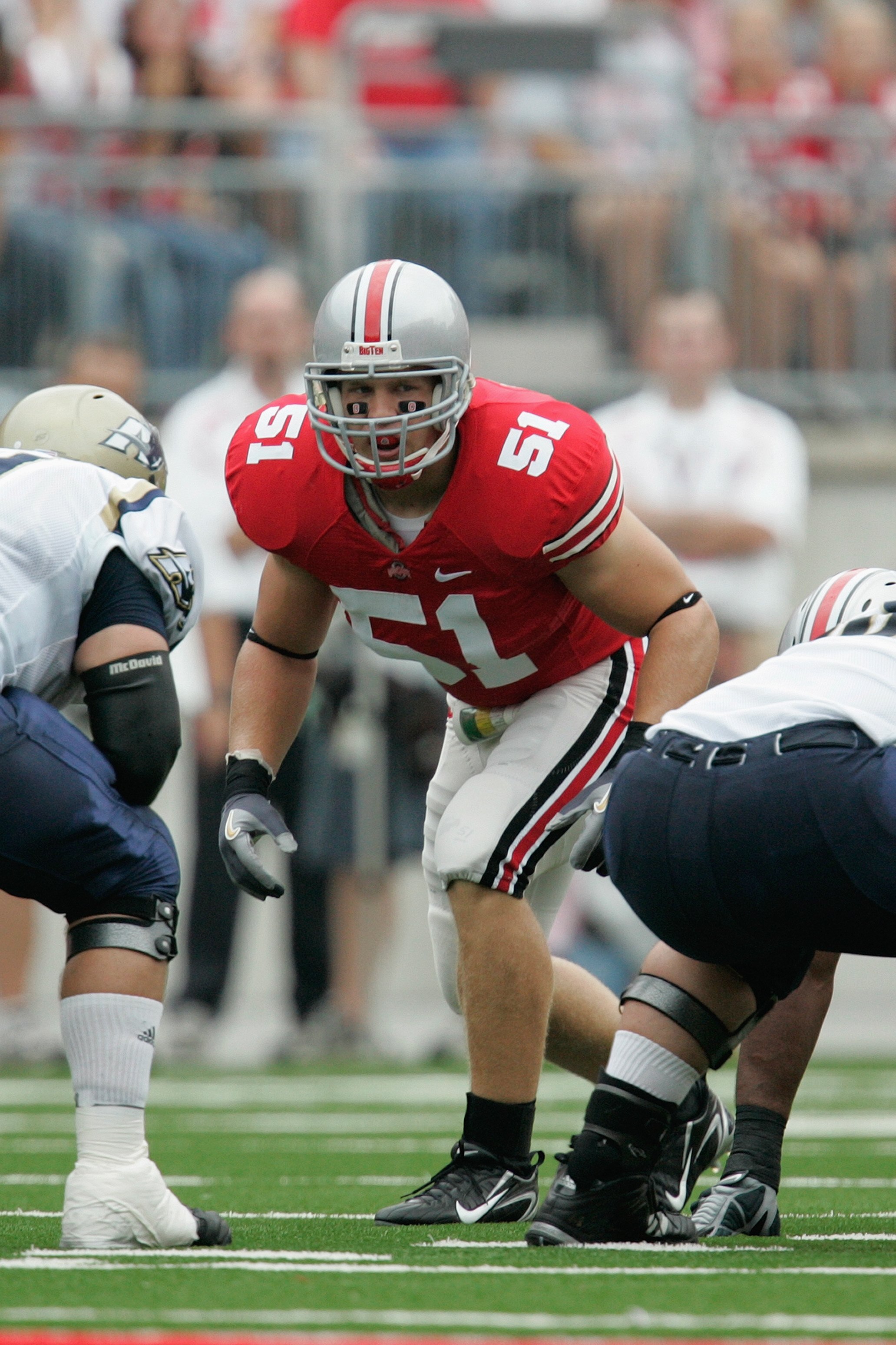 COLUMBUS, OH - SEPTEMBER 8:  Ross Homan #51 of the Ohio State Buckeyes awaits the snap during the game against the Akron Zips at Ohio Stadium on September 8, 2007 in Columbus, Ohio. Ohio State won 20-2. (Photo by David Maxwell/Getty Images)