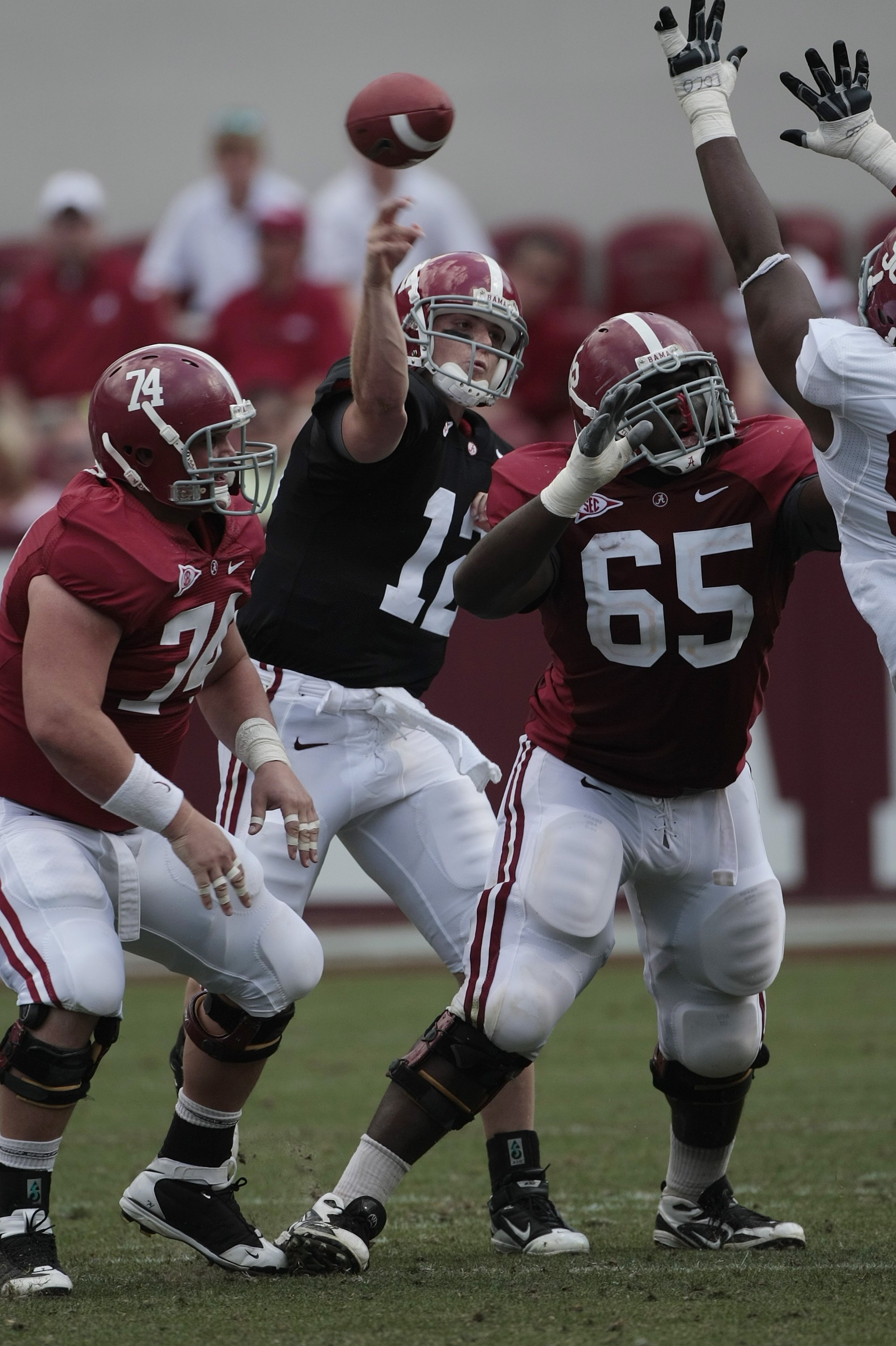 TUSCALOOSA, AL - APRIL 17: Quarterback Greg McElroy #12 of the University of Alabama throws during the Alabama spring game at Bryant Denny Stadium on April 17, 2010 in Tuscaloosa, Alabama. (Photo by Dave Martin/Getty Images) TUSCALOOSA, AL - APRIL 17: Quarterback Greg McElroy #12 of the University of Alabama throws during the Alabama spring game at Bryant Denny Stadium on April 17, 2010 in Tuscaloosa, Alabama. (Photo by Dave Martin/Getty Images)