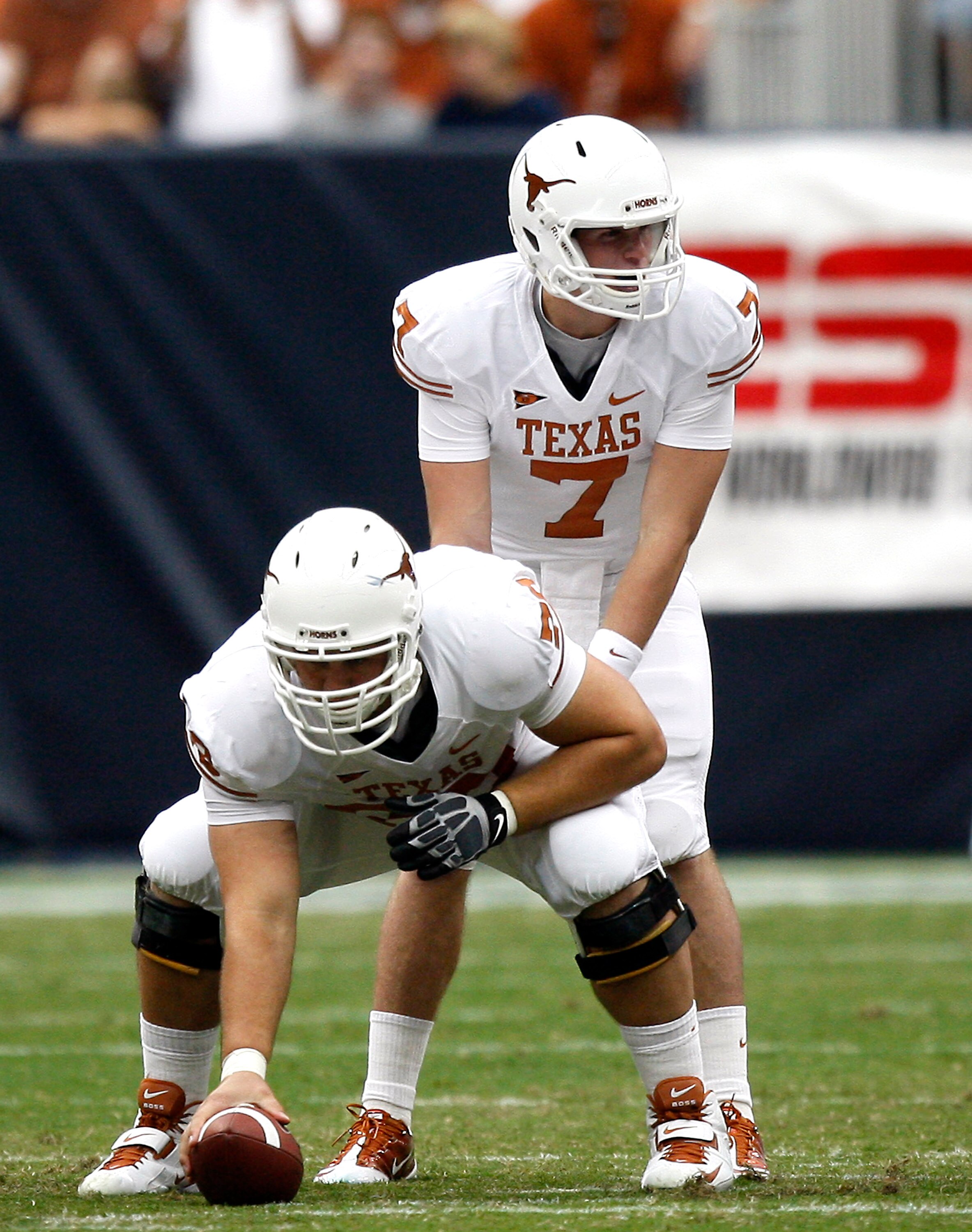 HOUSTON - SEPTEMBER 04: Quarterback Garrett Gilbert #7 of the Texas Longhorns during game action against the Rice Owls at Reliant Stadium on September 4, 2010 in Houston, Texas. Texas won 34-17. (Photo by Bob Levey/Getty Images) HOUSTON - SEPTEMBER 04: Quarterback Garrett Gilbert #7 of the Texas Longhorns during game action against the Rice Owls at Reliant Stadium on September 4, 2010 in Houston, Texas. Texas won 34-17. (Photo by Bob Levey/Getty Images)