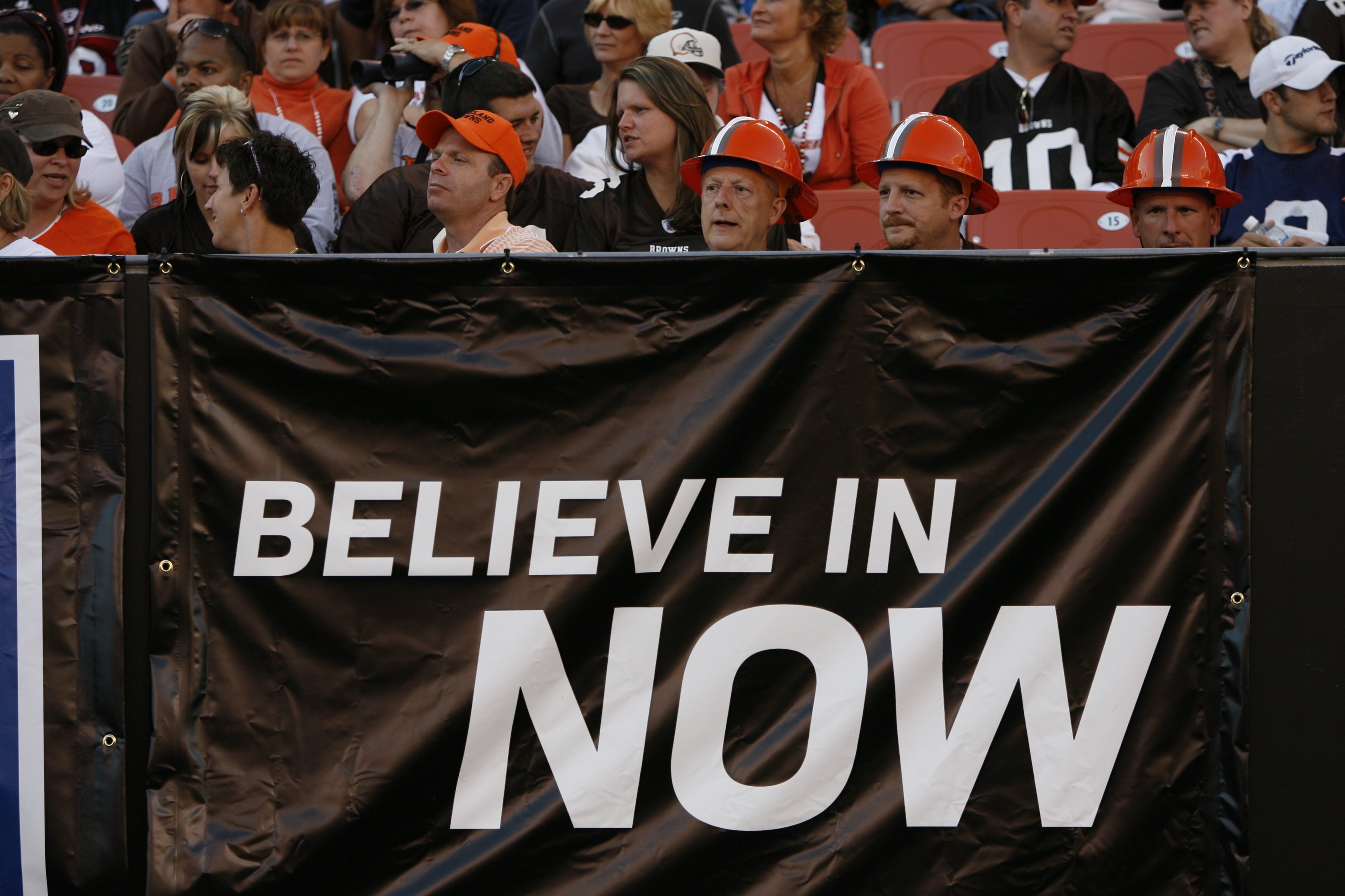 CLEVELAND - SEPTEMBER 7:  Cleveland Browns slogan 'Believe in Now' is shown during the game against the Dallas Cowboys at Cleveland Browns Stadium on September 7, 2008 in Cleveland, Ohio.  (Photo by Kevin C. Cox/Getty Images)
