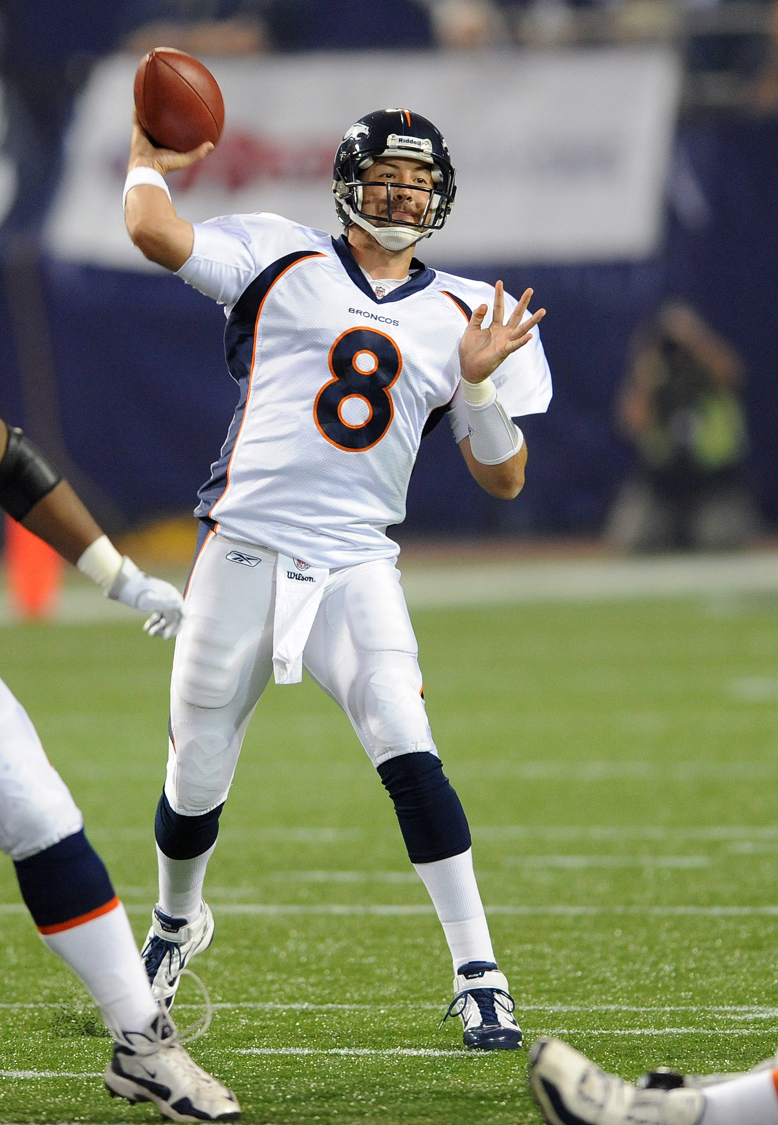 MINNEAPOLIS - SEPTEMBER 2:  Kyle Orton #8 of the Denver Broncos passes the ball during an NFL preseason game against the Minnesota Vikings at the Mall of America Field at Hubert H. Humphrey Metrodome, on September 2, 2010 in Minneapolis, Minnesota.  (Phot