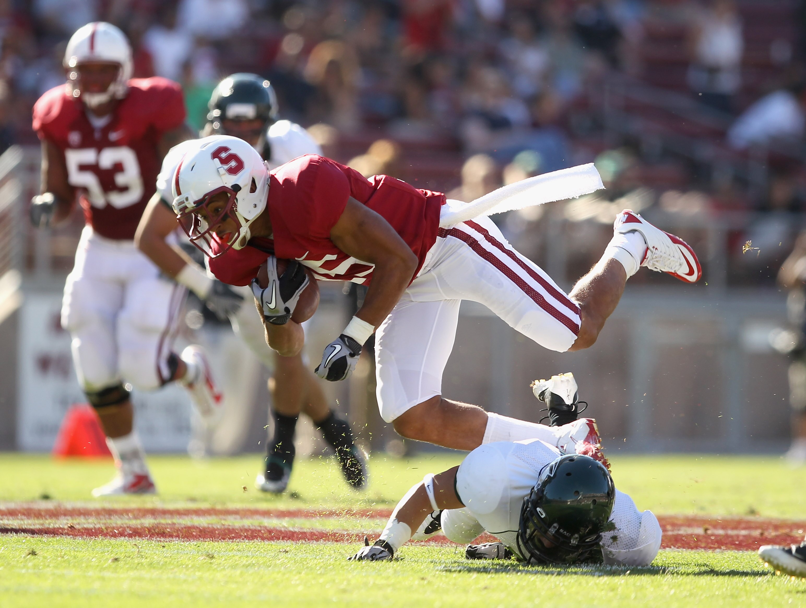 PALO ALTO, CA - SEPTEMBER 04:  Usua Amanam #15 of the Stanford Cardinal in action during their game against the Sacramento State Hornets at Stanford Stadium on September 4, 2010 in Palo Alto, California.  (Photo by Ezra Shaw/Getty Images)