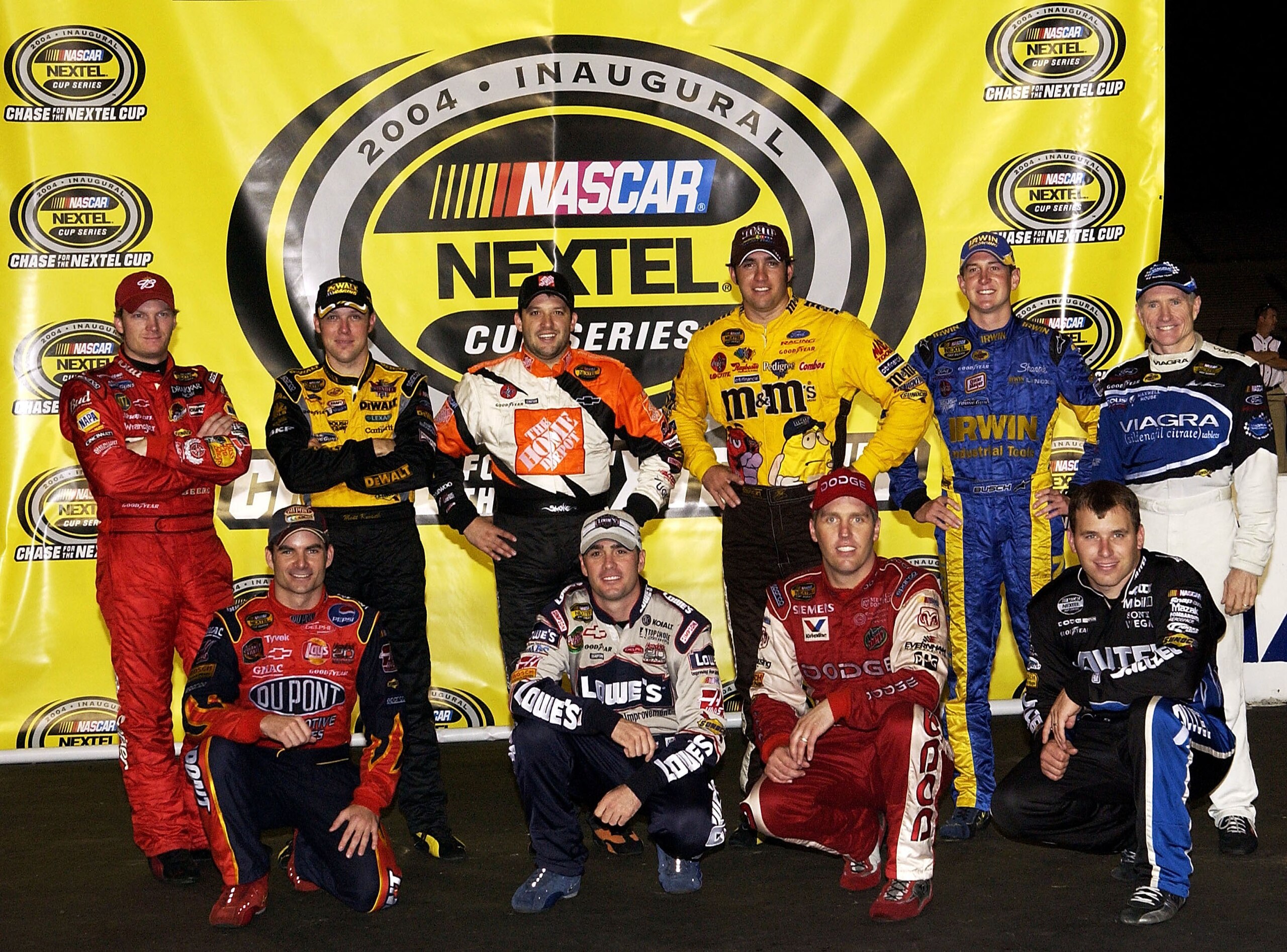 RICHMOND, VA - SEPTEMBER 11:  Top-ten drivers involved in the NASCAR Chase for the Nextel Cup, (L-R) Dale Earnhardt, Jr., Jeff Gordon, Matt Kenseth, Tony Stewart, Jimmie Johnson, Elliott Sadler, Jeremy Mayfield, Kurt Busch, Ryan Newman, and Mark Martin po