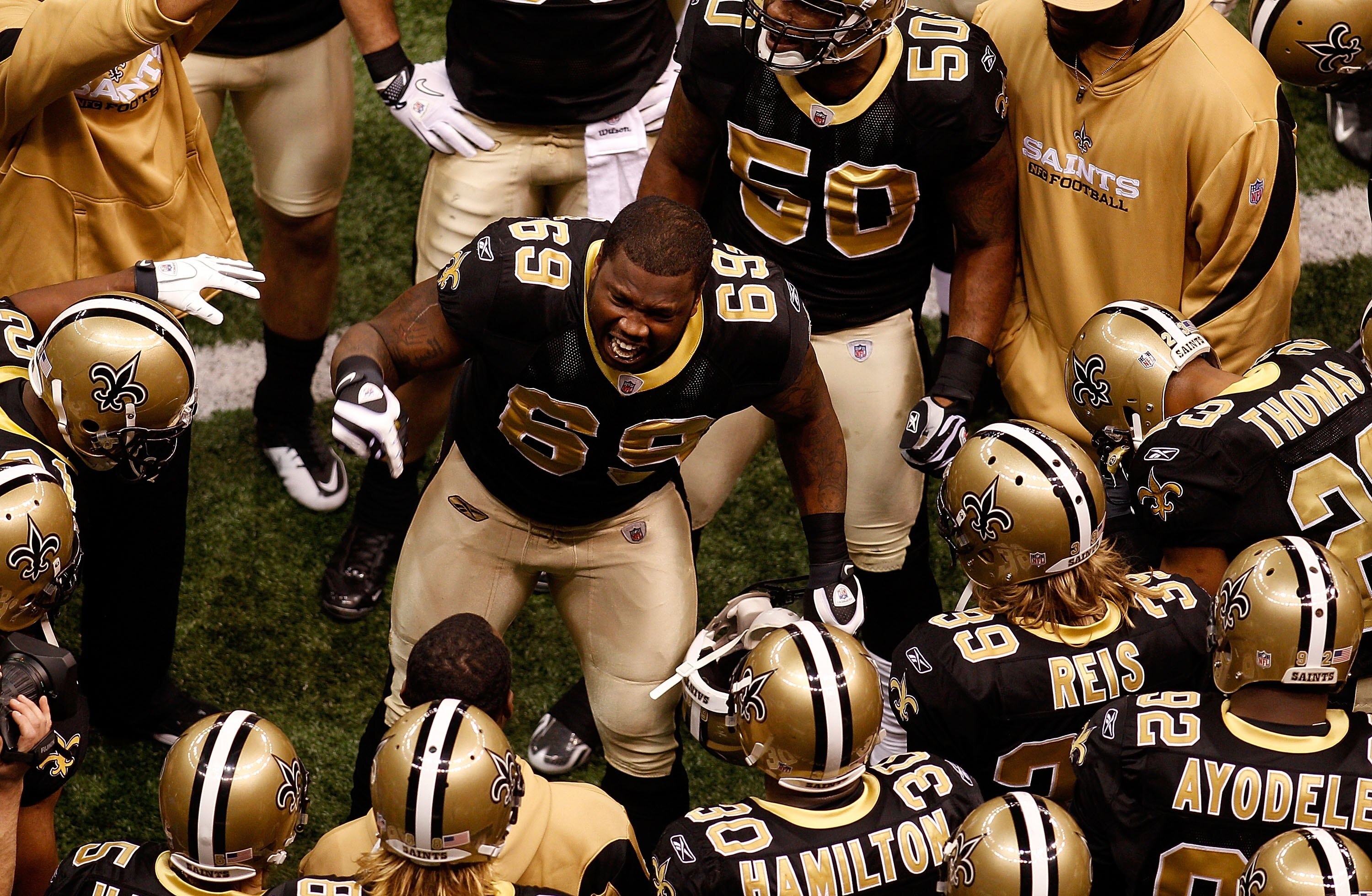 NEW ORLEANS - JANUARY 24:  Anthony Hargrove #69 of the New Orleans Saints addresses his teammates prior to playing against the Minnesota Vikings during the NFC Championship Game at the Louisiana Superdome on January 24, 2010 in New Orleans, Louisiana. The