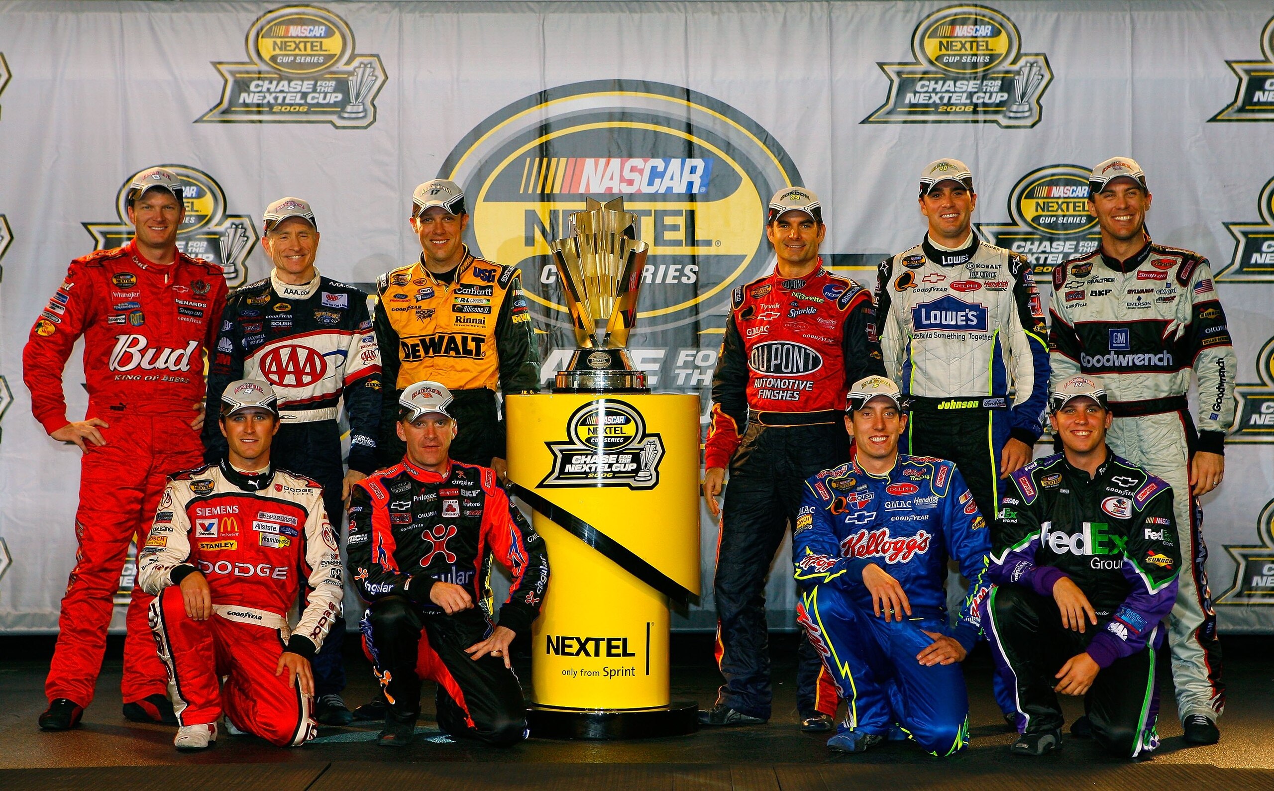 RICHMOND, VA - SEPTEMBER 09:  A group picture of the 10 drivers that made the chase for the Nextel Cup Championship.  (Back Row L-R) Dale Earnhardt Jr., Mark Martin, Matt Kenseth, Jeff Gordon, Jimmie Johnson, Kevin Harvick, (Bottom Row L-R) KAsey Kahne, J