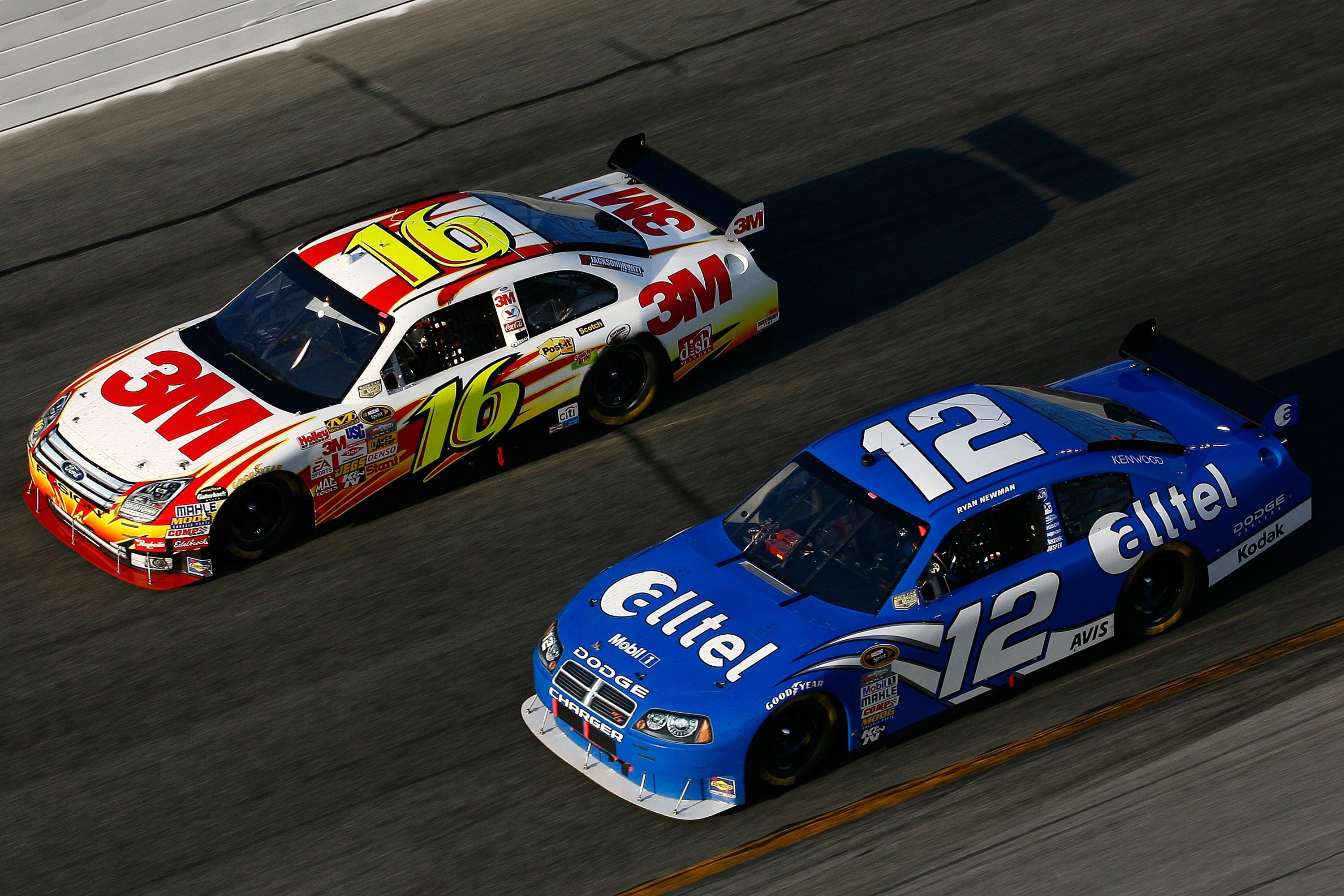DAYTONA BEACH, FL - FEBRUARY 17: Greg Biffle, driver of the #16 3M Ford, races against Ryan Newman, driver of the #12 Alltel Dodge, during the NASCAR Sprint Cup Series Daytona 500 at Daytona International Speedway on February 17, 2008 in Daytona Beach, Fl