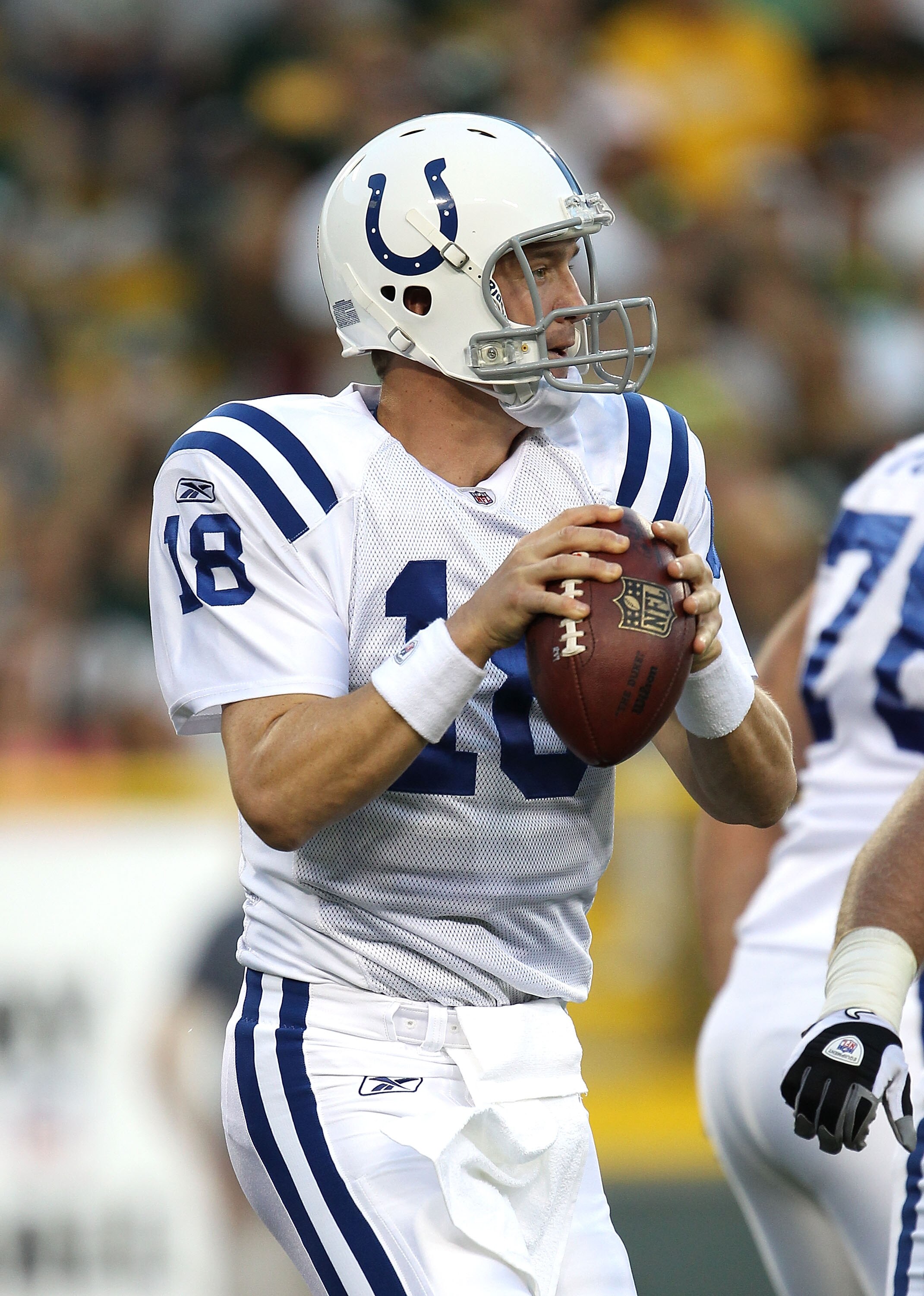 GREEN BAY, WI - AUGUST 26: Peyton Manning #18 of the Indianapolis Colts looks for a receiver against the Green Bay Packers during a preseason game at Lambeau Field on August 26, 2010 in Green Bay, Wisconsin. The Packers defeated the Colts 59-24.  (Photo b