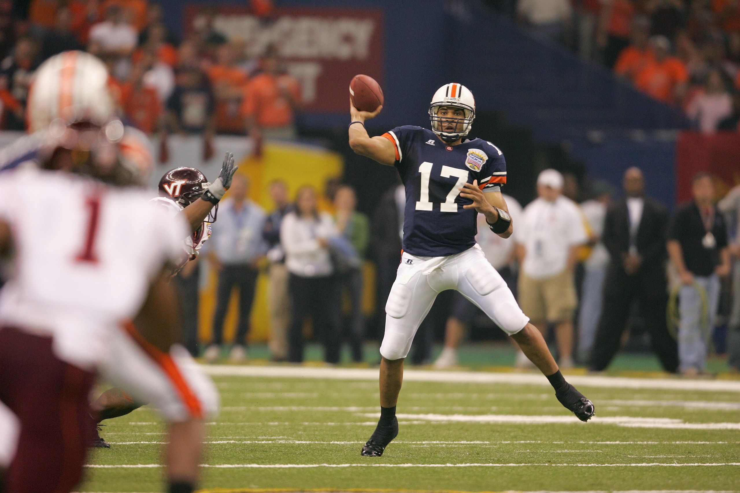 NEW ORLEANS - JANUARY 3:  Quarterback Jason Campbell #17 of the Auburn Tigers passes against the Virginia Tech Hokies during the Nokia Sugar Bowl on January 3, 2005 at the Superdome in New Orleans, Louisiana.  The No. 3 Tigers completed a perfect season,