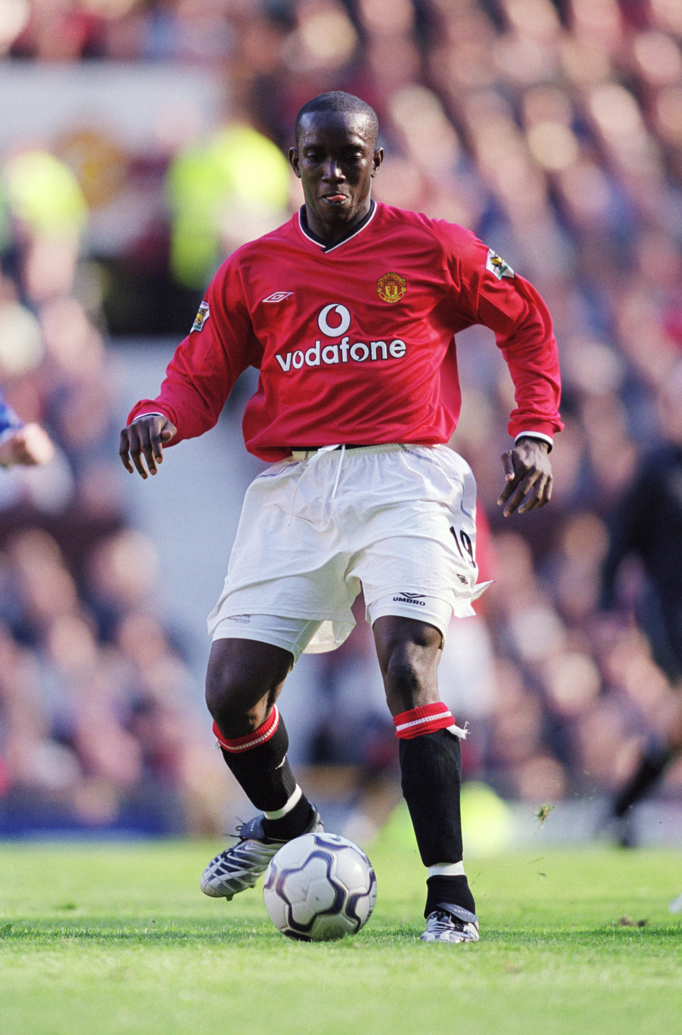 8 Sep 2001:  Dwight Yorke of Manchester United in action during the FA Barclaycard Premiership match against Everton played at Old Trafford in Manchester, England. United won the game 4-1. \ Mandatory Credit: Gary M Prior /Allsport