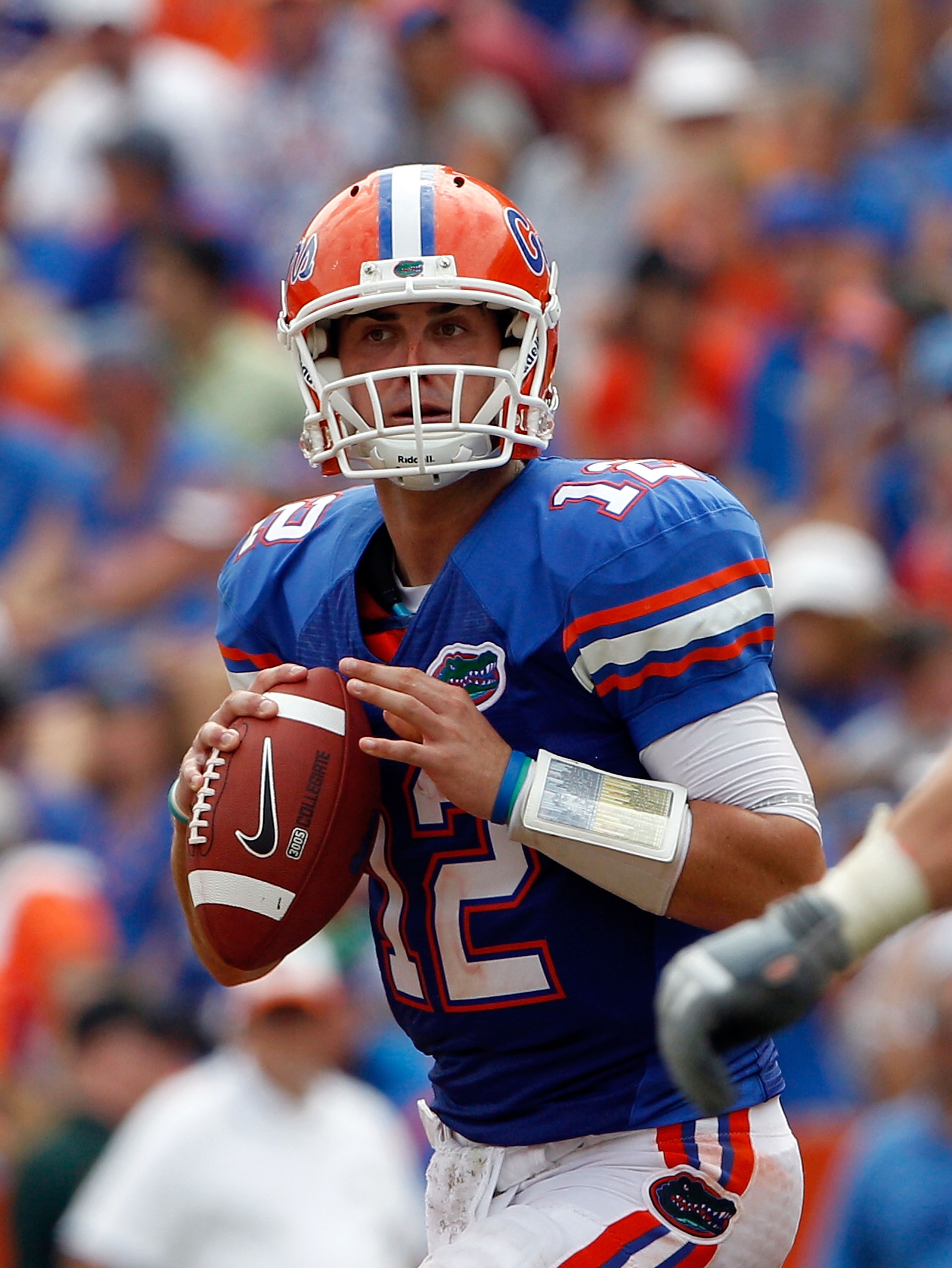 GAINESVILLE, FL - SEPTEMBER 04:  Quarterback John Brantley #12 of the Florida Gators attempts a pass against the Miami University RedHawks at Ben Hill Griffin Stadium on September 4, 2010 in Gainesville, Florida.  (Photo by Sam Greenwood/Getty Images)