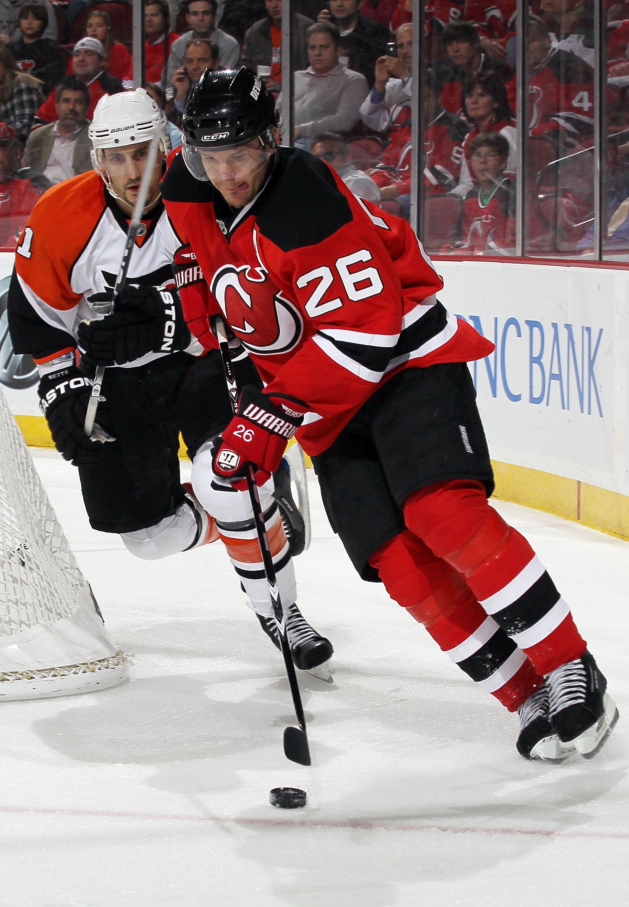 NEWARK, NJ - APRIL 22:  Patrik Elias #26 of the New Jersey Devils skates against the Philadelphia Flyers in Game 5 of the Eastern Conference Quarterfinals during the 2010 NHL Stanley Cup Playoffs at the Prudential Center at on April 22, 2010 in Newark, Ne