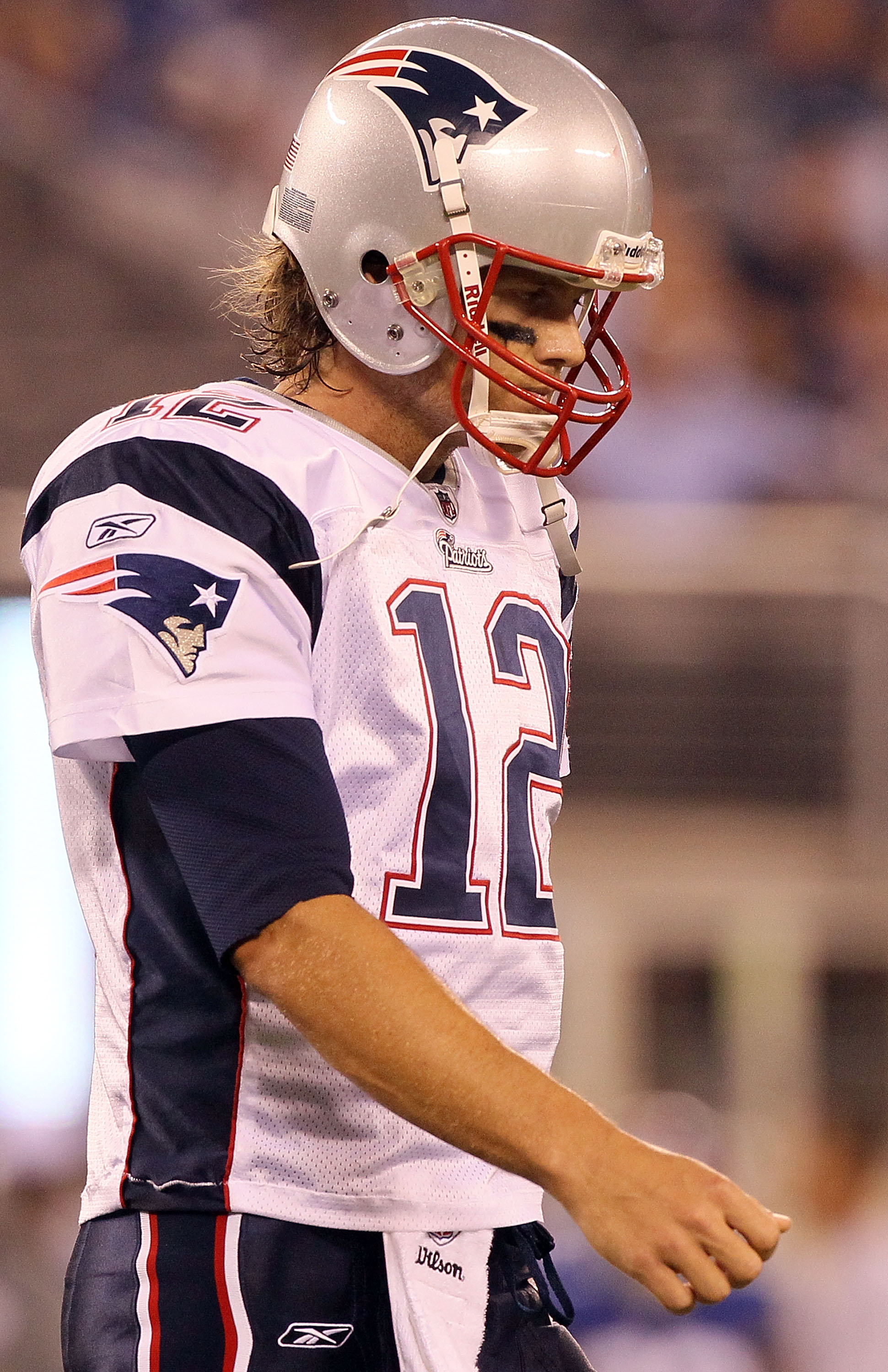 EAST RUTHERFORD, NJ - SEPTEMBER 02: Tom Brady #12 of the New England Patriots walks to the sideline after throwing an interception against the New York Giants on September 2, 2010 at the New Meadowlands Stadium in East Rutherford, New Jersey. (Photo by EAST RUTHERFORD, NJ - SEPTEMBER 02: Tom Brady #12 of the New England Patriots walks to the sideline after throwing an interception against the New York Giants on September 2, 2010 at the New Meadowlands Stadium in East Rutherford, New Jersey. (Photo by