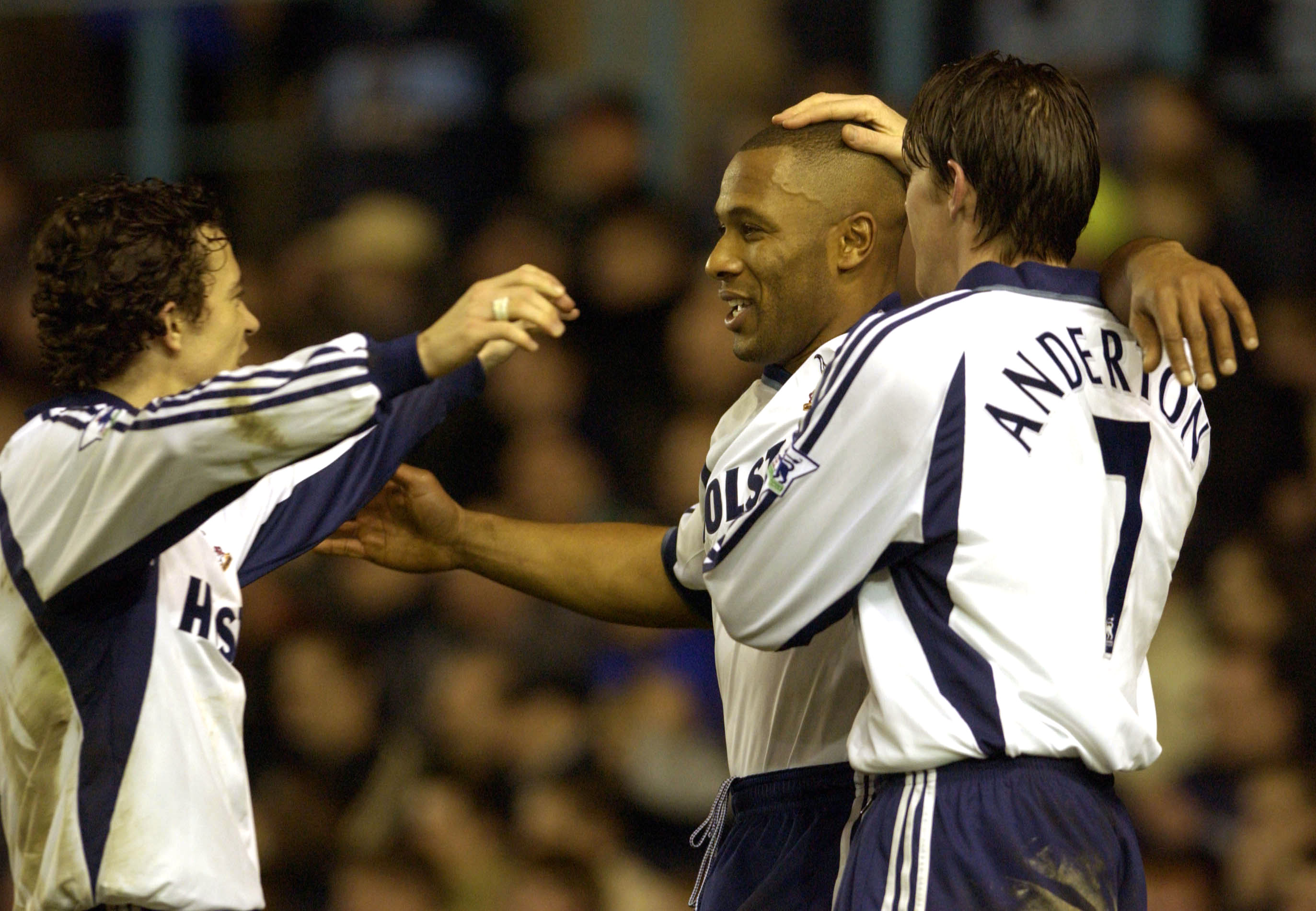 16 Jan 2002:  Les Ferdinand of Tottenham Hoptspur  celebrates his goal with team mate Darren Anderton during the AXA sponsored FA Cup Third Round match between Coventry City and Tottenham Hotspur at Highfield Road, Coventry. DIGITAL IMAGE. Mandatory Credi