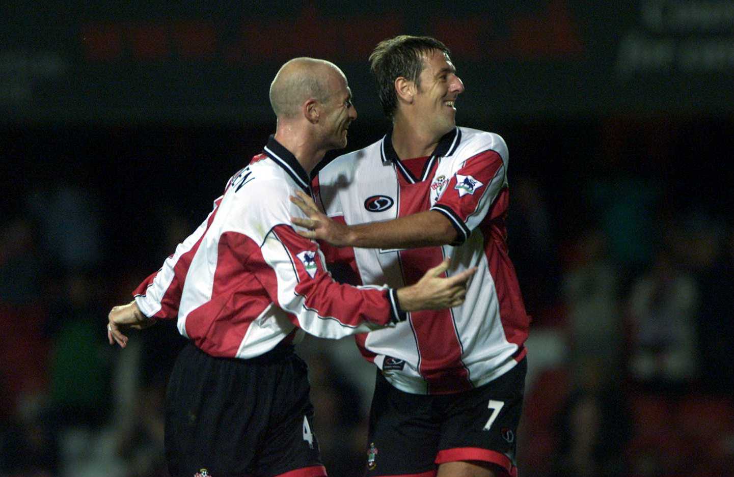 20 Sep 2000:  Matthew Le Tissier and Chris Marsden of Southampton celebrate the second goal in the second round, first leg, of The Worthington Cup played at The Dell in Southampton. Mandatory Credit: Julian Herbert/ALLSPORT
