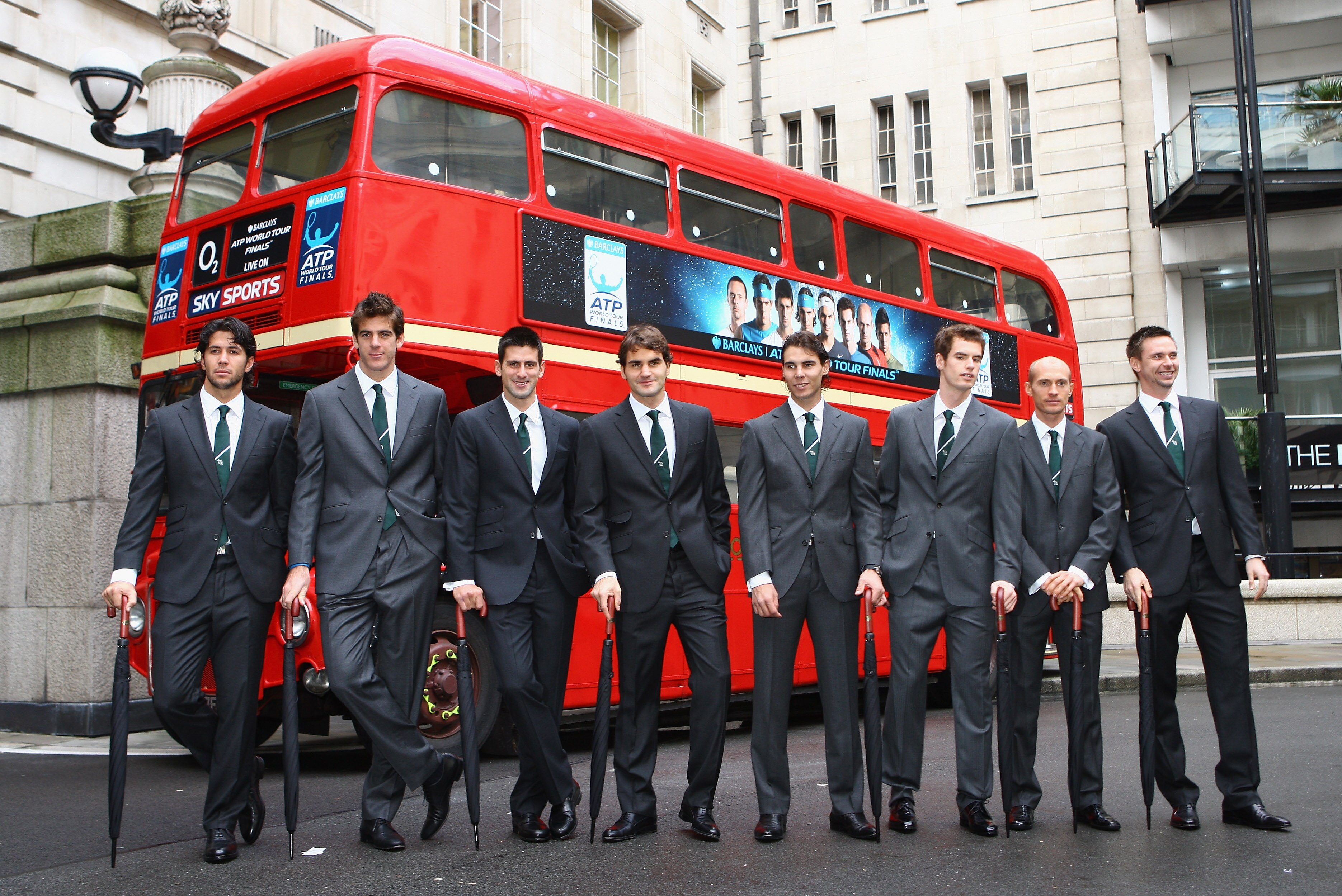 LONDON, ENGLAND - NOVEMBER 20:  (L-R) Fernando Verdasco of Spain, Juan Martin Del Potro of Argentina, Novak Djokovic of Serbia, Roger Federer of Switzerland, Rafael Nadal of Spain, Andy Murray of Great Britain, Nikolay Davydenko of Russia and Robin Soderl