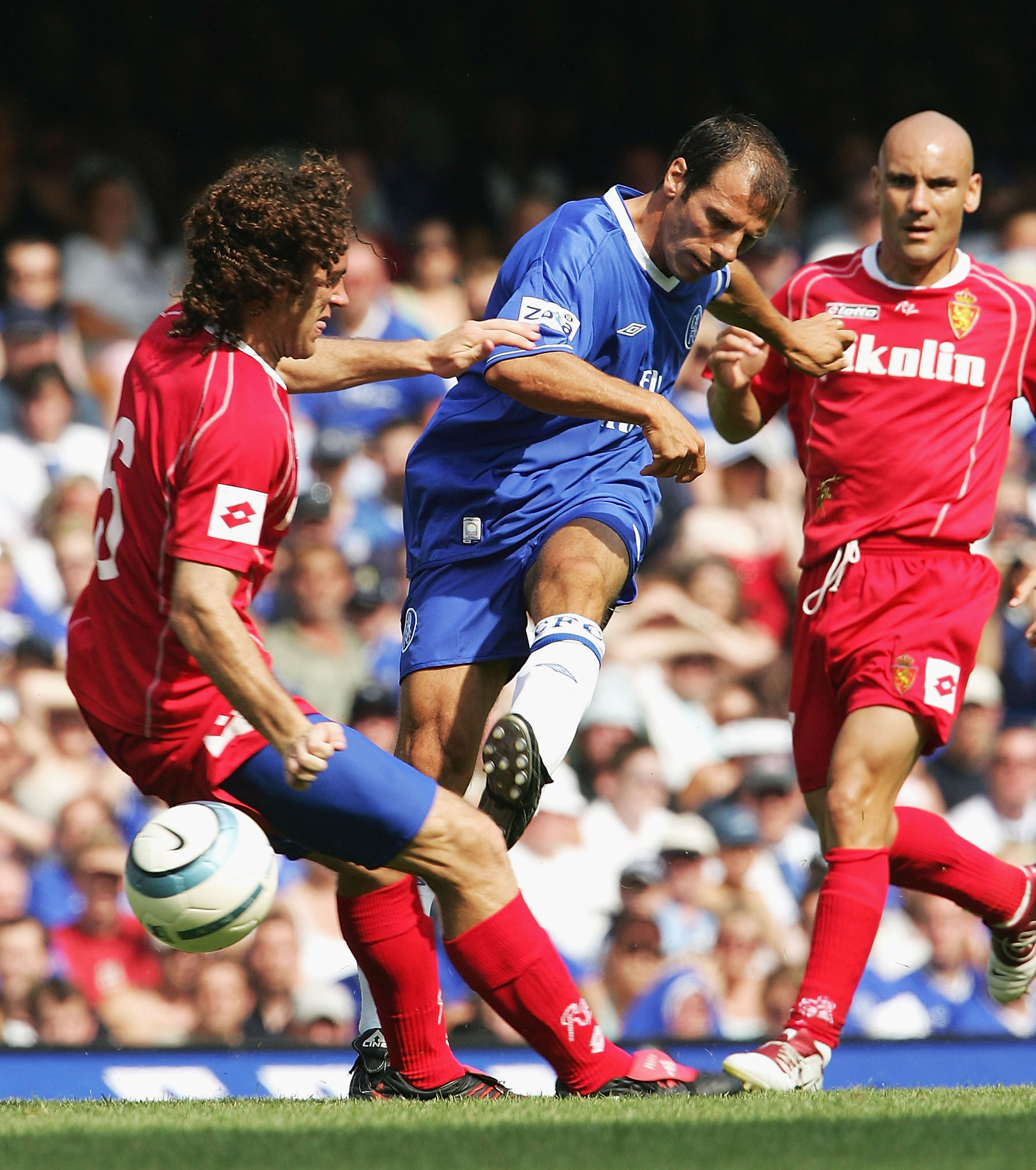 LONDON - AUGUST 8:  Gianfranco Zola of Chelsea in action during a Tribute match for him between Chelsea and Real Zaragoza at Stamford Bridge on August 8, 2004 in London.  (Photo by Phil Cole/Getty Images)