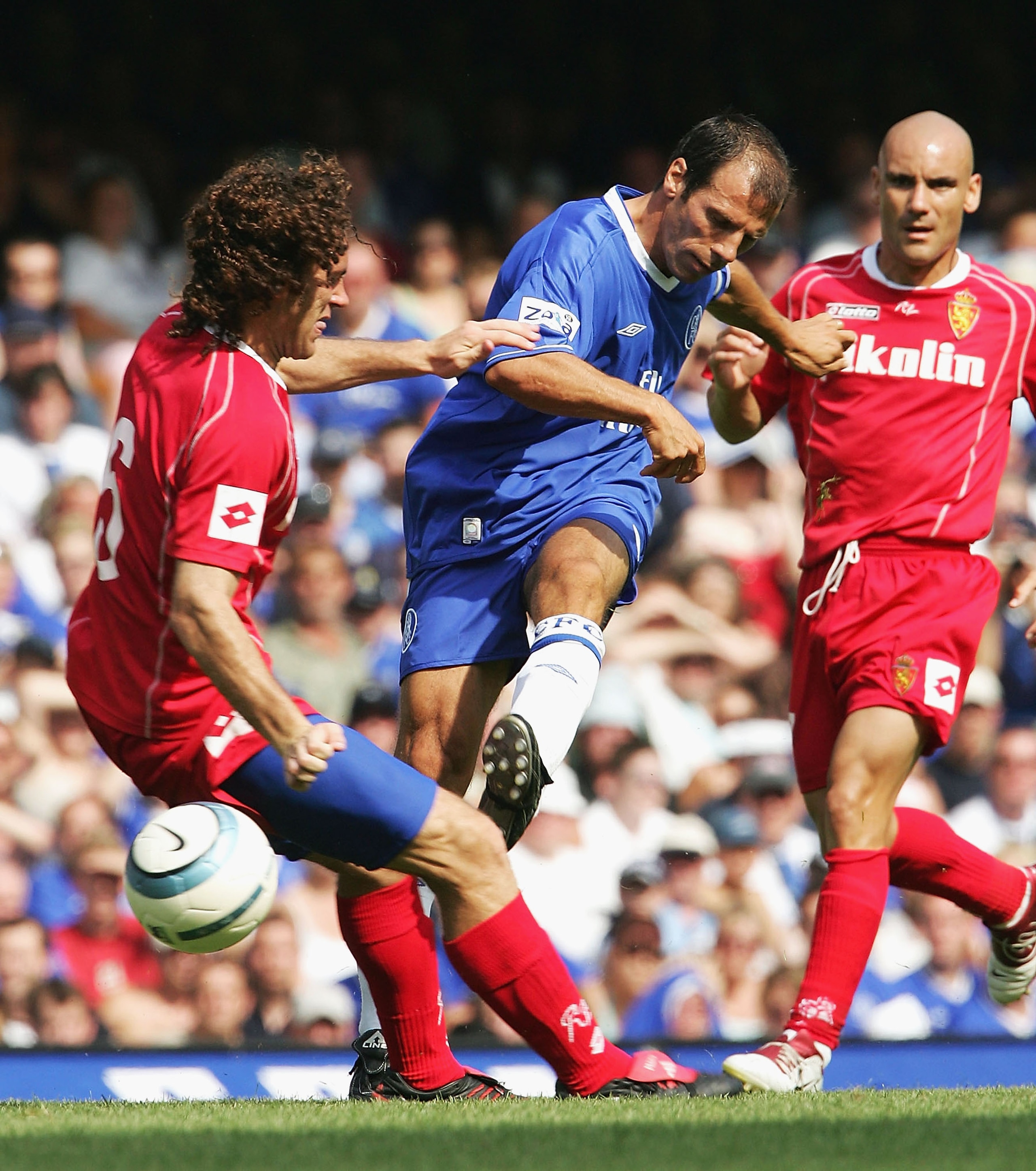 LONDON - AUGUST 8:  Gianfranco Zola of Chelsea in action during a Tribute match for him between Chelsea and Real Zaragoza at Stamford Bridge on August 8, 2004 in London.  (Photo by Phil Cole/Getty Images)