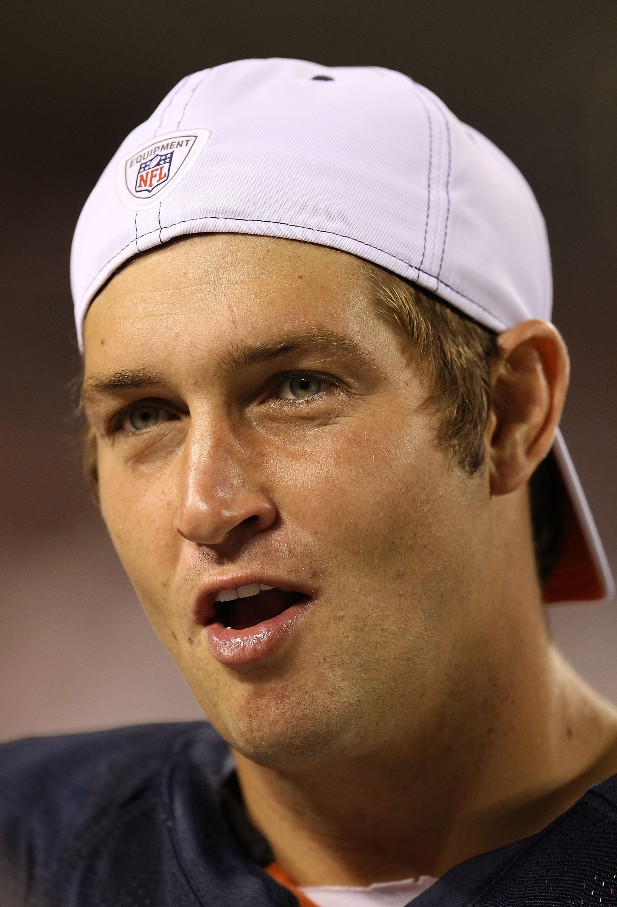 CHICAGO - AUGUST 28: Jay Cutler #6 of the Chicago Bears talks to a teammate on the sidelines during a preseason game against the Arizona Cardinals at Soldier Field on August 28, 2010 in Chicago, Illinois. The Cardinals defeated the Bears 14-9. (Photo by J
