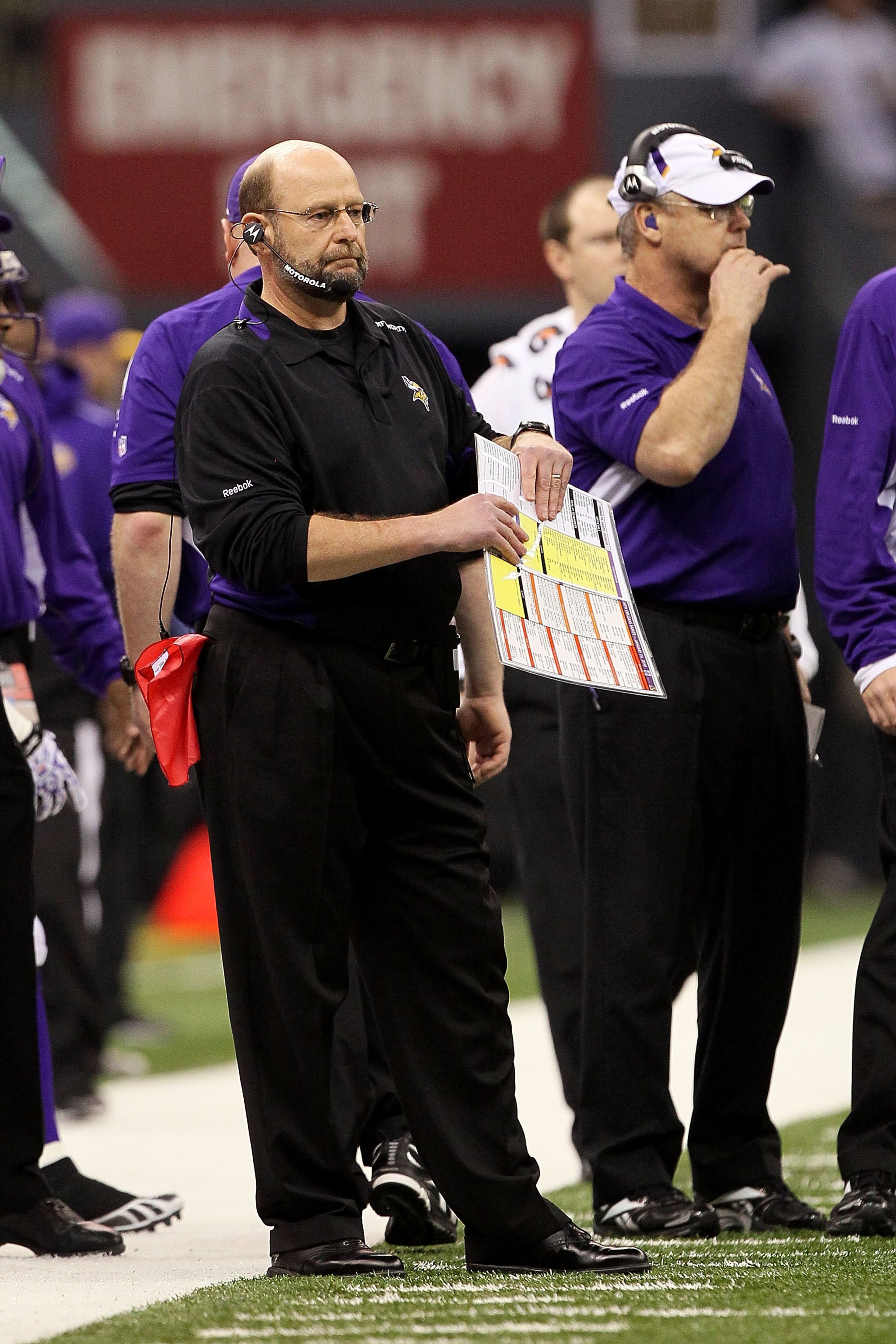 NEW ORLEANS - JANUARY 24: Head coach Brad Childress of the Minnesota Vikings coaches against the New Orleans Saints during the NFC Championship Game at the Louisiana Superdome on January 24, 2010 in New Orleans, Louisiana. The Saints won 31-28 in overtim NEW ORLEANS - JANUARY 24: Head coach Brad Childress of the Minnesota Vikings coaches against the New Orleans Saints during the NFC Championship Game at the Louisiana Superdome on January 24, 2010 in New Orleans, Louisiana. The Saints won 31-28 in overtim