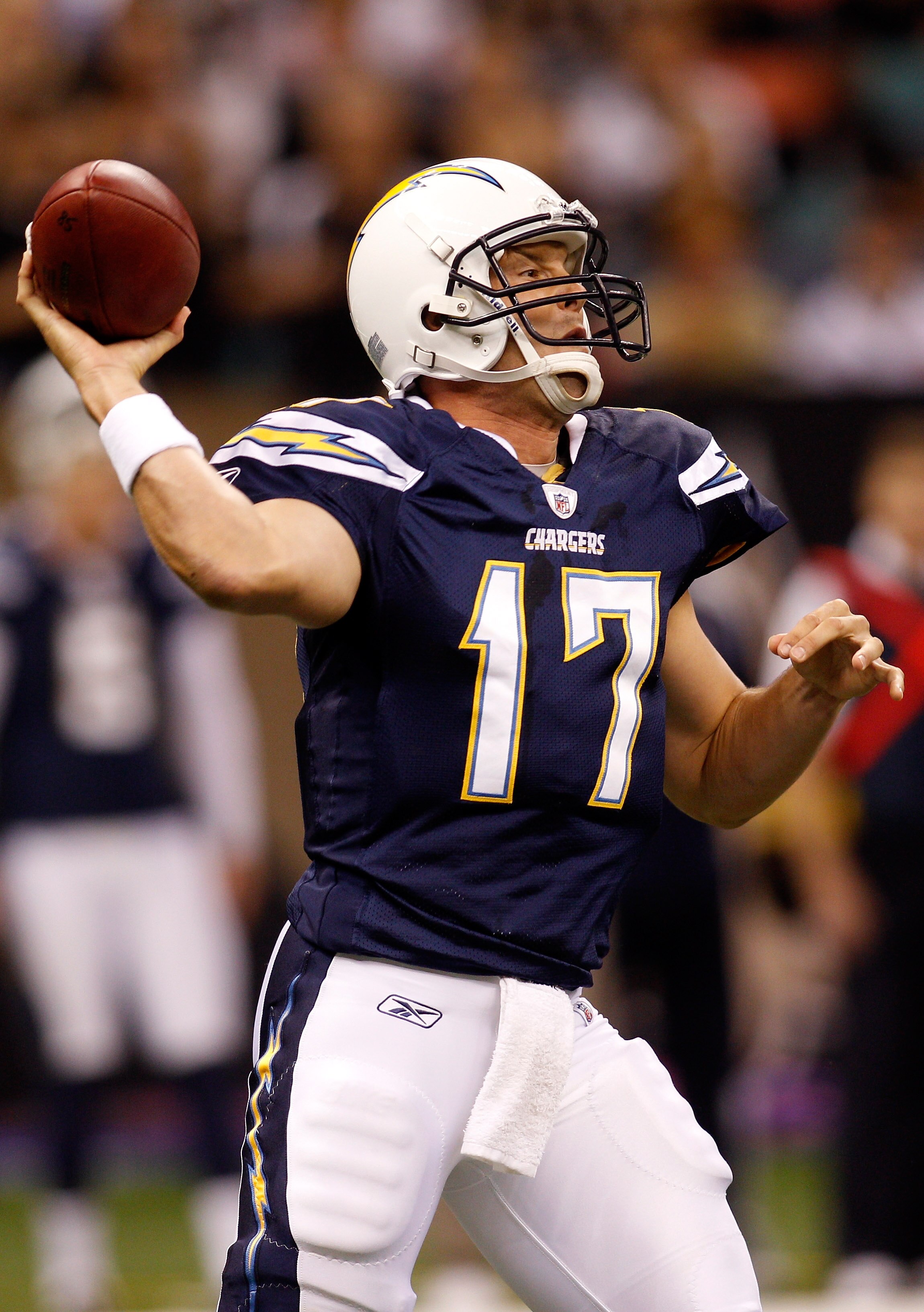 NEW ORLEANS - AUGUST 27:  Philip Rivers #17 of the San Diego Chargers in action against the New Orleans Saints at the Louisiana Superdome on August 27, 2010 in New Orleans, Louisiana.  (Photo by Chris Graythen/Getty Images)