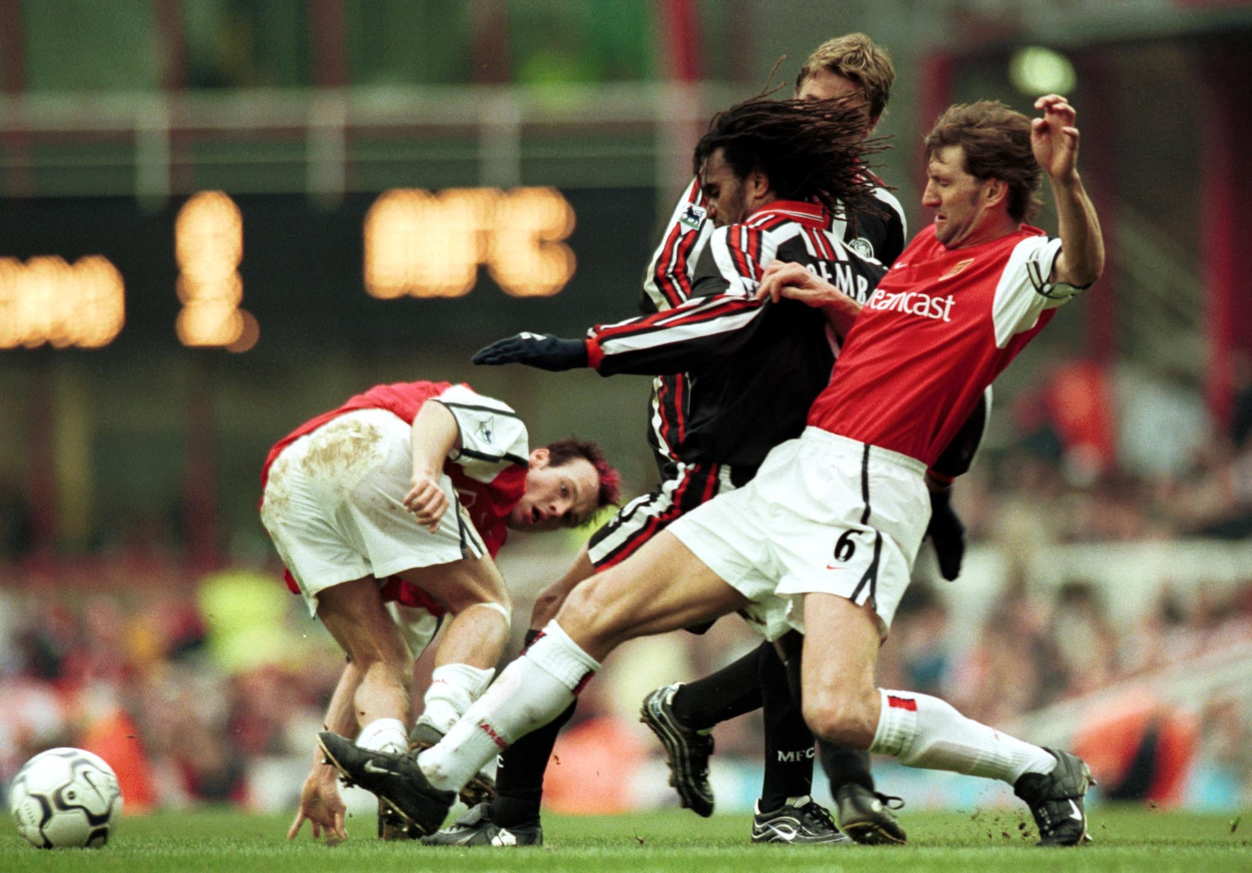 14 Apr 2001:  Christian Karembeu of Middlesbrough and  Tony Adams of Arsenal in action during the FA Carling Premiership match between Arsenal v Middlesbrough at Highbury, London. Mandatory Credit: Shaun Botterill/ALLSPORT