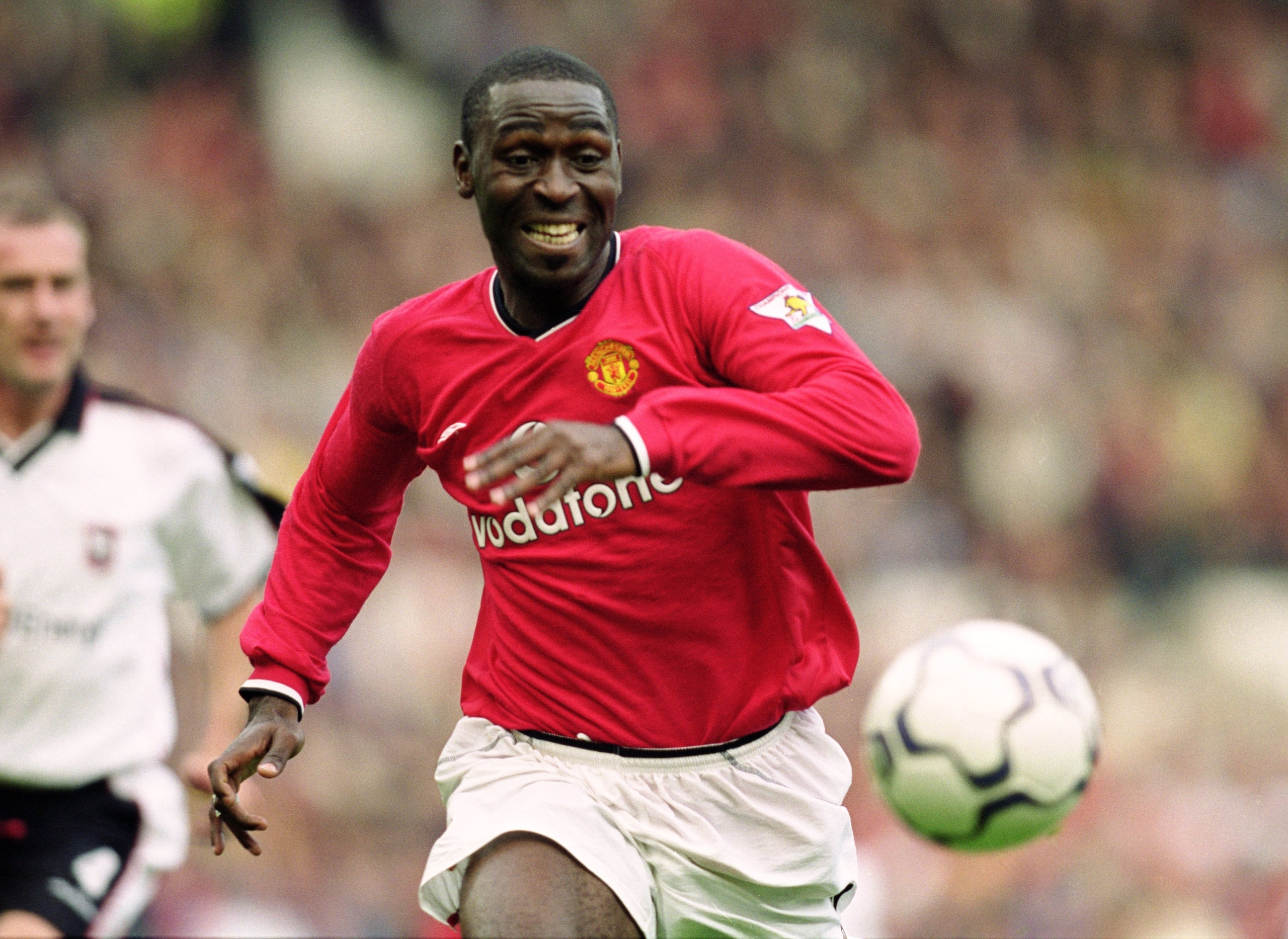22 Sep 2001:  Andy Cole of Man Utd chases after the ball during the FA Barclaycard Premiership match between Manchester United and Ipswich Town played at Old Trafford in Manchester, England.  Man Utd won the match 4 - 0. \ Mandatory Credit: Gary M Prior /