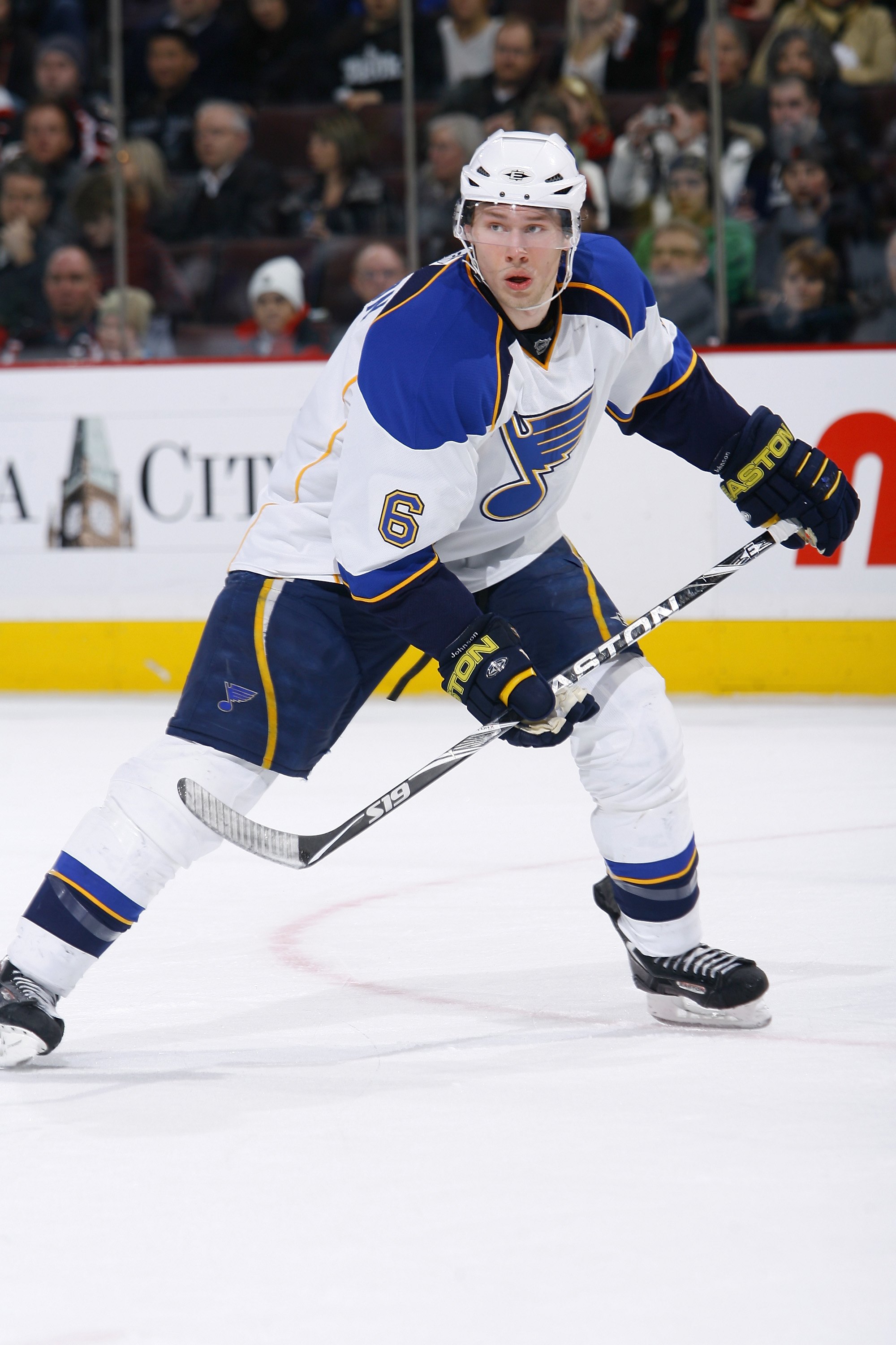 OTTAWA, ON - JANUARY 21:  Erik Johnson #6 of the St. Louis Blues skates against the Ottawa Senators in a game at Scotiabank Place on January 21, 2010 in Ottawa, Canada.  (Photo by Phillip MacCallum/Getty Images)