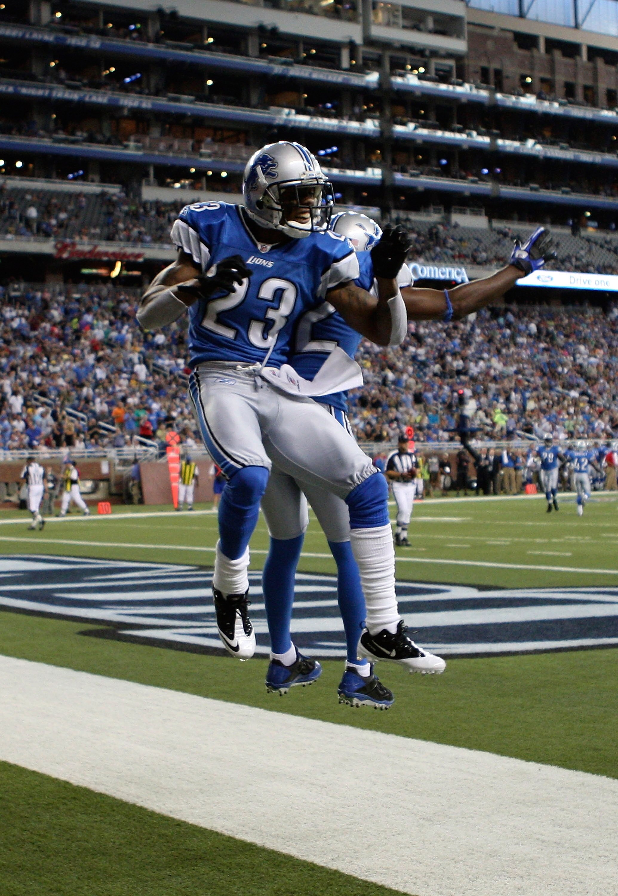 DETROIT - AUGUST 28: Chris Houston #23 of the Detroit Lions scores a second quarter touchdown after recovering a fumble during the preseason game against the Cleveland Browns at Ford Field on August 28, 2010 in Detroit, Michigan. The Lions defeated the Br
