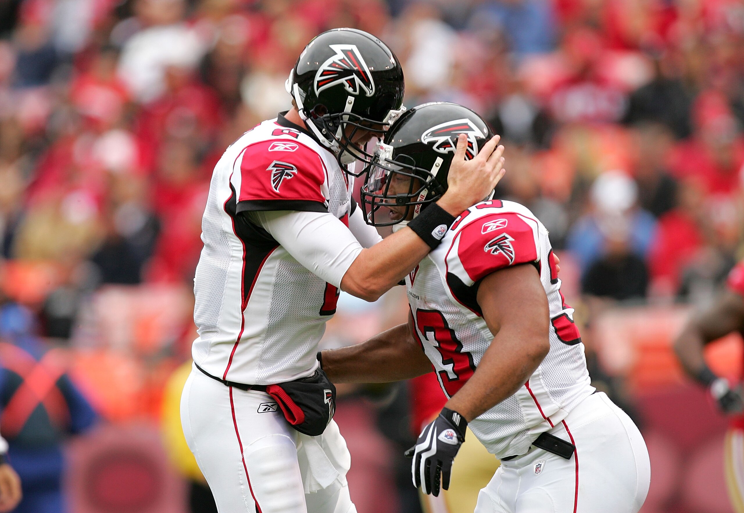 SAN FRANCISCO - OCTOBER 11:  Michael Turner #33 of the Atlanta Falcons is congratulated by Matt Ryan #2 after Turner scored a touchdown against the San Francisco 49ers at Candlestick Park on October 11, 2009 in San Francisco, California.  (Photo by Ezra S