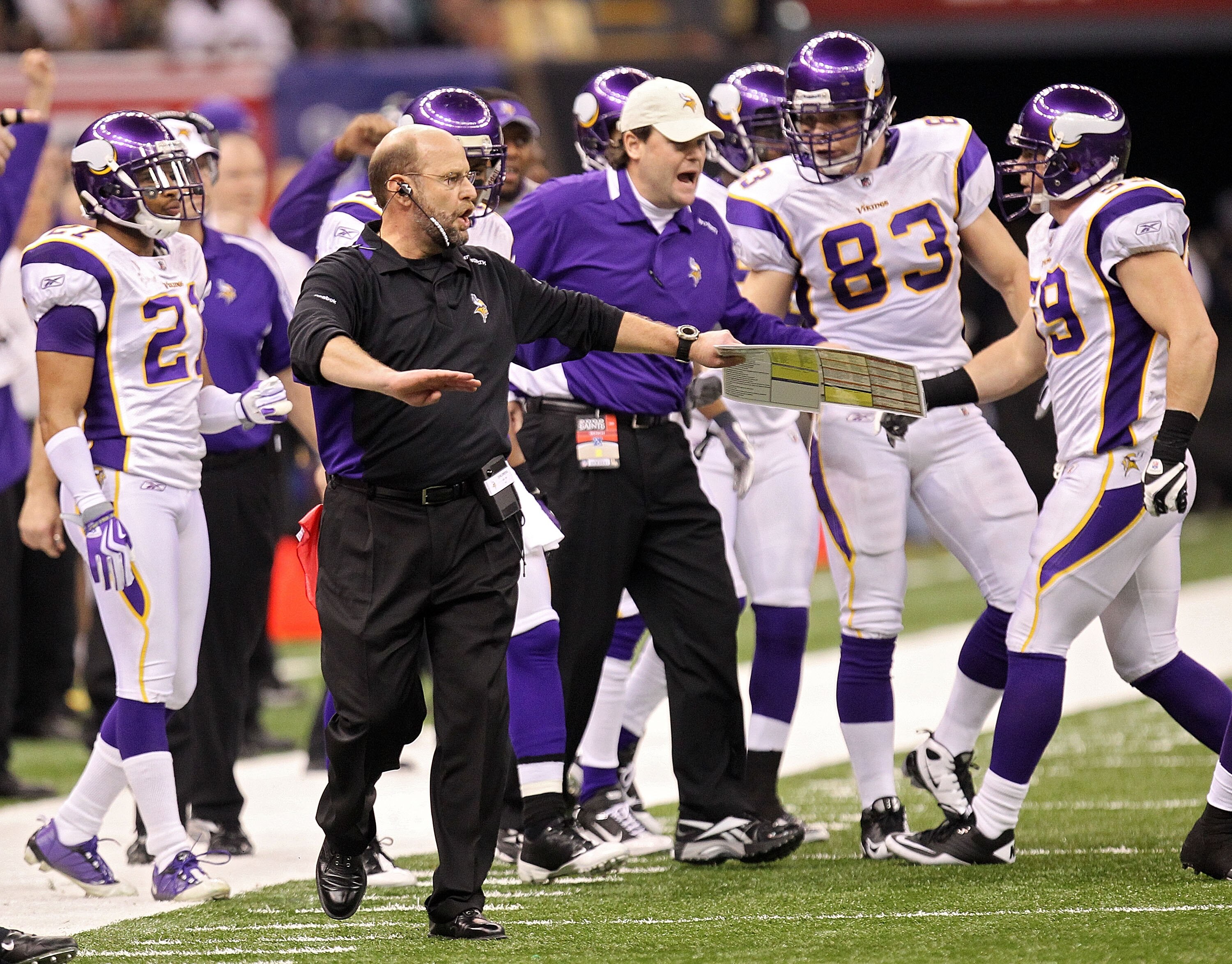 NEW ORLEANS - JANUARY 24:  Head coach Brad Childress of the Minnesota Vikings reacts to a play from the sidelines on against the New Orleans Saints during the NFC Championship Game at the Louisana Superdome on January 24, 2010 in New Orleans, Louisiana.  