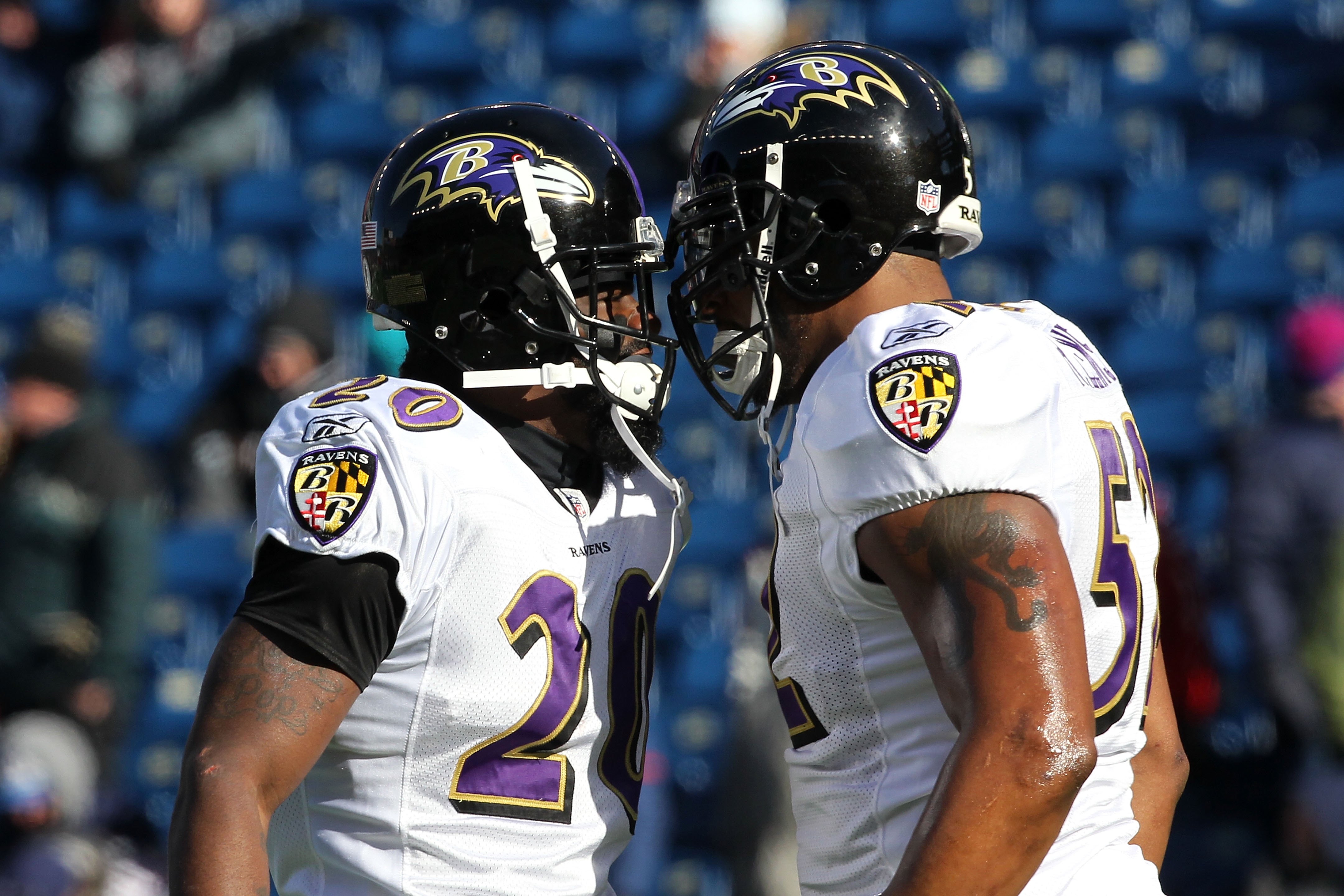 FOXBORO, MA - JANUARY 10: (L-R) Ed Reed #20 and Ray Lewis #52 of the Baltimore Ravens warm up against the New England Patriots during the 2010 AFC wild-card playoff game at Gillette Stadium on January 10, 2010 in Foxboro, Massachusetts. (Photo by Jim Ro FOXBORO, MA - JANUARY 10: (L-R) Ed Reed #20 and Ray Lewis #52 of the Baltimore Ravens warm up against the New England Patriots during the 2010 AFC wild-card playoff game at Gillette Stadium on January 10, 2010 in Foxboro, Massachusetts. (Photo by Jim Ro