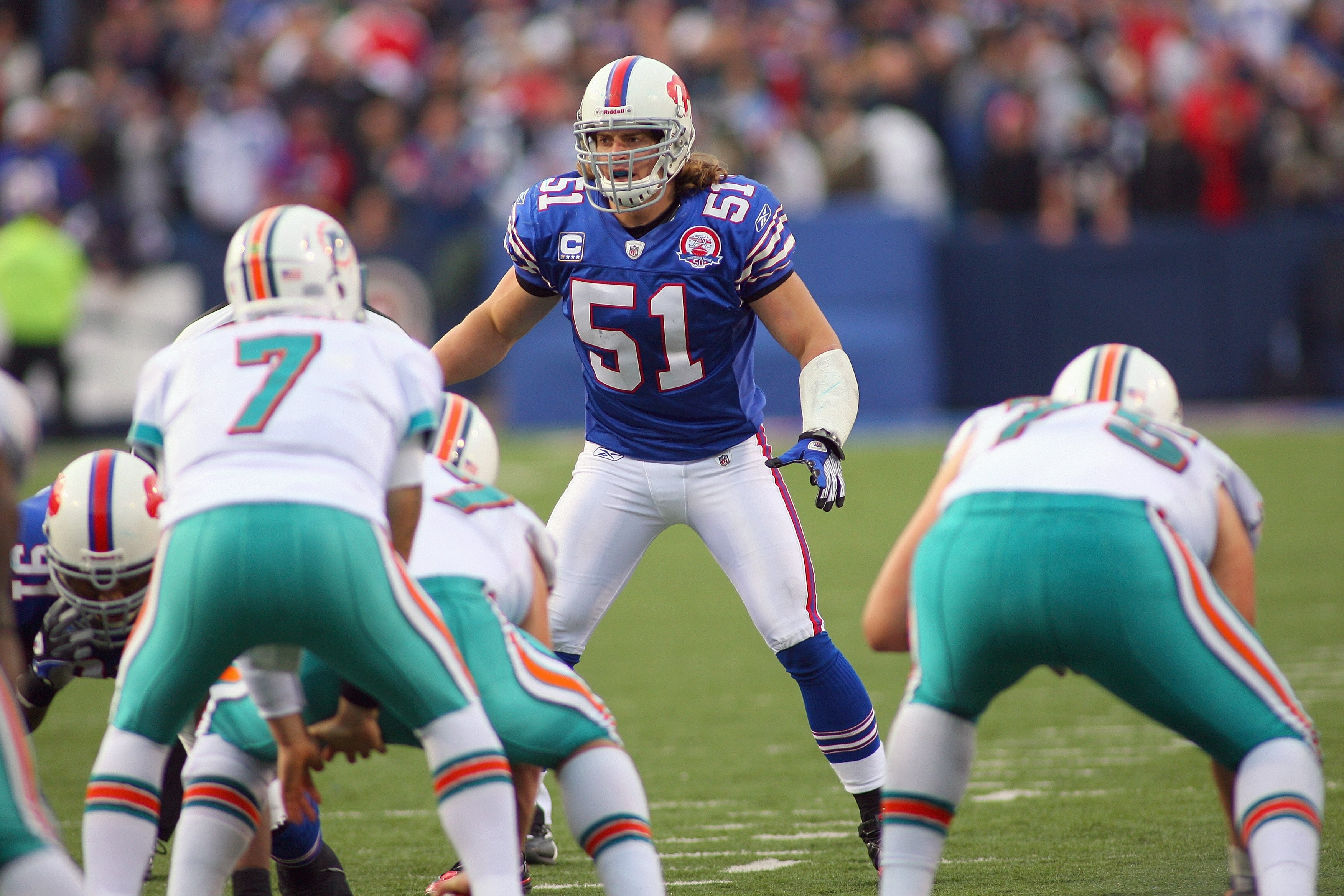 ORCHARD PARK, NY - NOVEMBER 29:  Paul Posluszny #51 of the Buffalo Bills gets ready at the line of scrimmage during the game against the Miami Dolphins at Ralph Wilson Stadium on November 29, 2009 in Orchard Park, New York. Buffalo won 31-14. (Photo by Ri