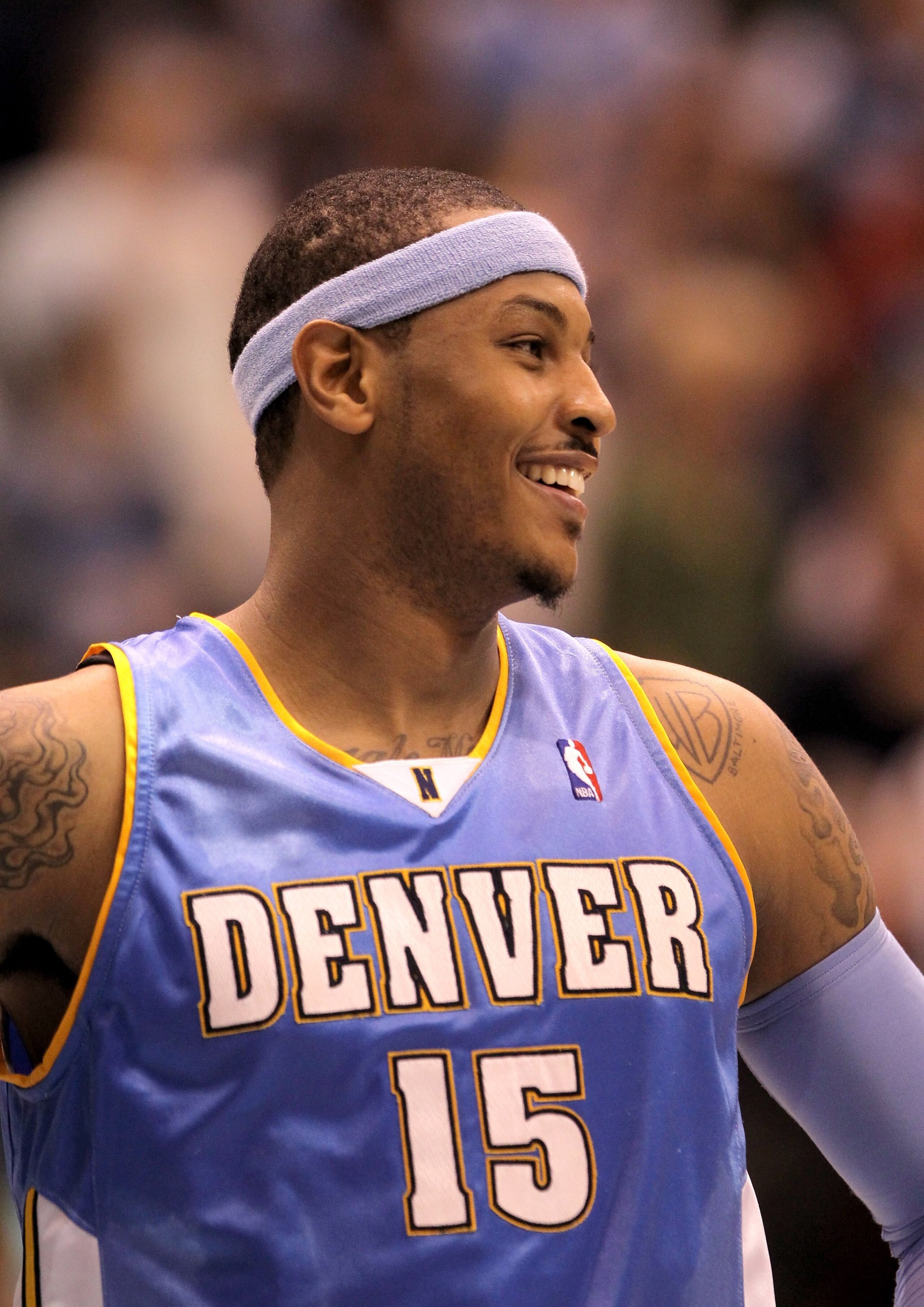 SALT LAKE CITY - APRIL 30:  Carmelo Anthony #15 of the Denver Nuggets stands on the court during their game against the Utah Jazz in Game Six of the Western Conference Quarterfinals of the 2010 NBA Playoffs at EnergySolutions Arena on April 30, 2010 in Sa