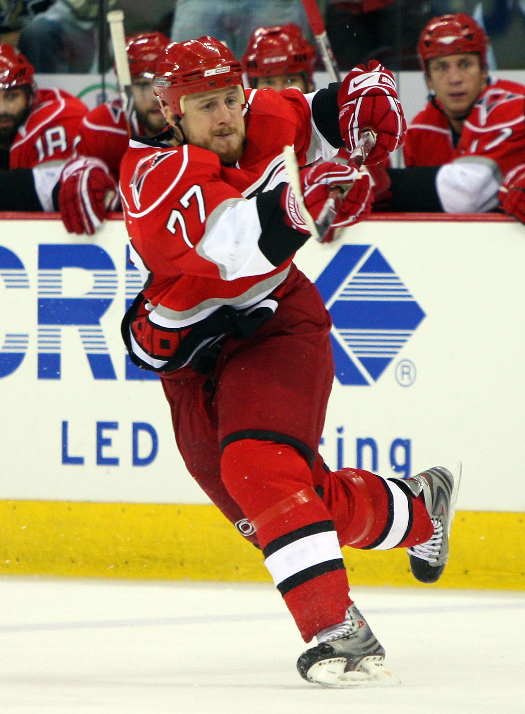 RALEIGH, NC - MAY 26:  Joe Corvo #77 of the Carolina Hurricanes skates against the Pittsburgh Penguins during Game Four of the Eastern Conference Championship Round of the 2009 Stanley Cup Playoffs at RBC Center on May 26, 2009 in Raleigh, North Carolina.