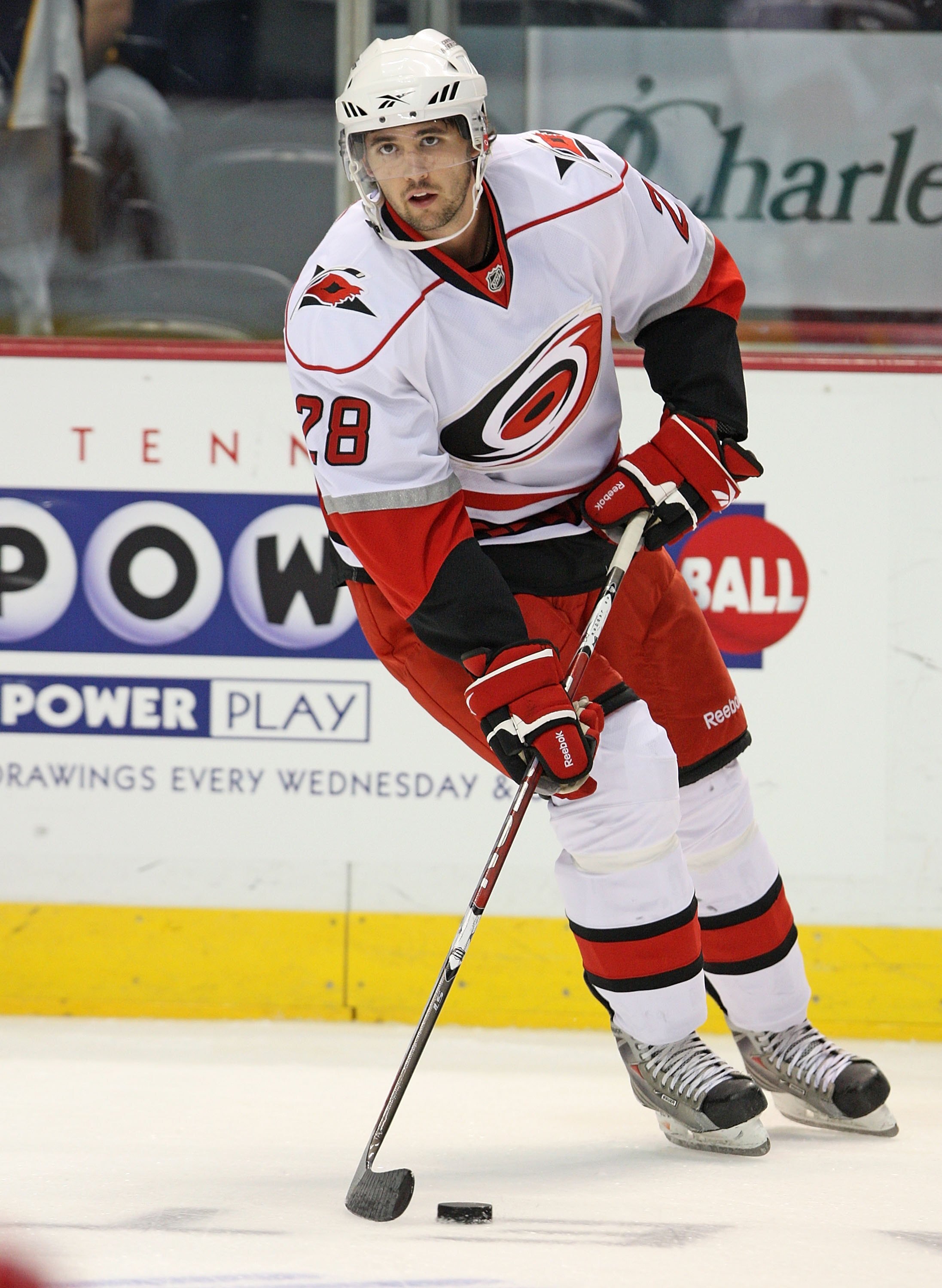 NASHVILLE, TN - SEPTEMBER 26:  Defenseman Jamie McBain #28 of the Carolina Hurricanes skates during a pre-season NHL Hockey game at the Sommet Center on September 26, 2009 in Nashville, Tennessee.  (Photo by Frederick Breedon/Getty Images)