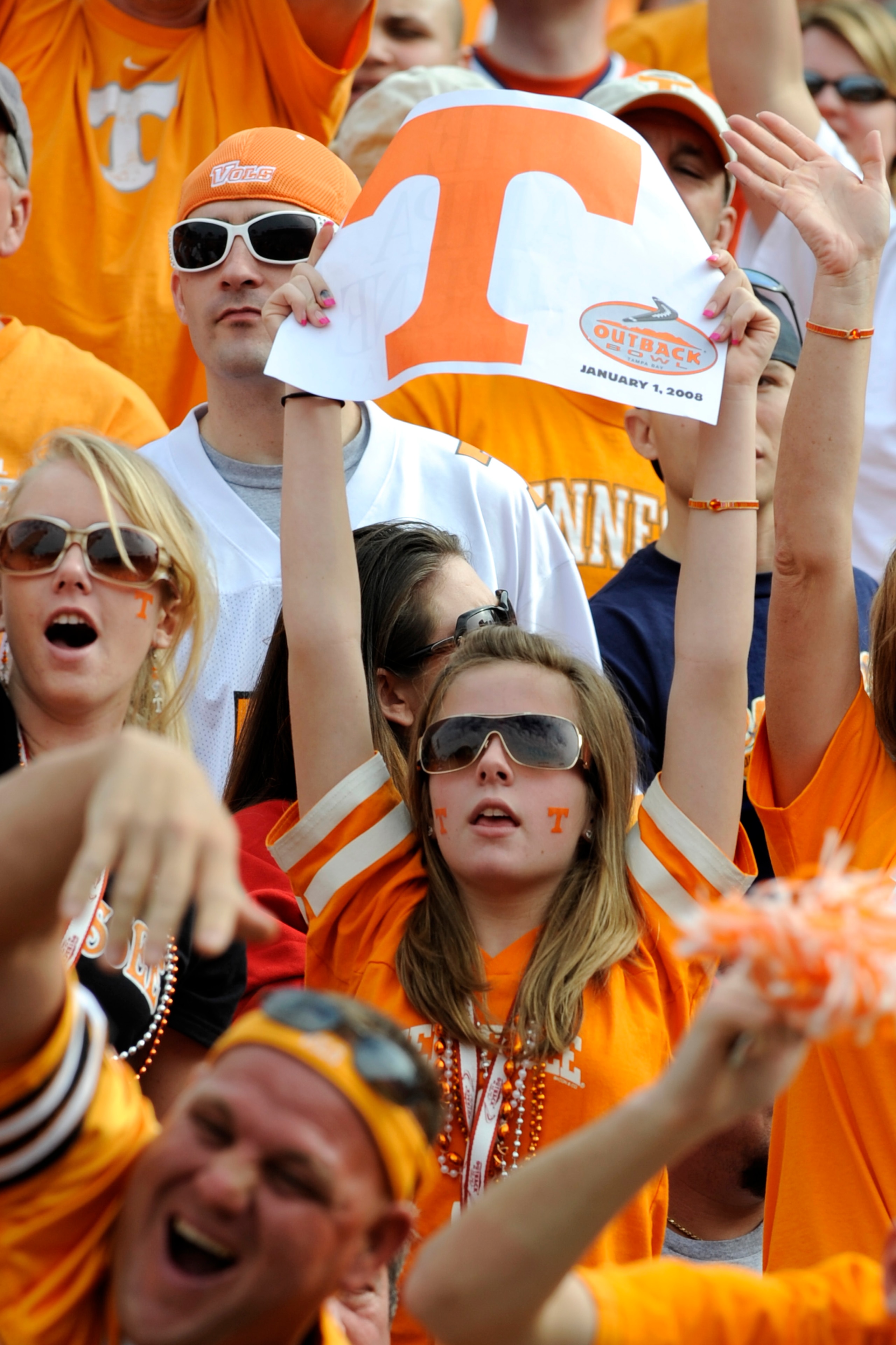 TAMPA, FL -  JANUARY 1: Fans of the Tennessee Volunteers cheer play against the Wisconsin Badgers in the 2008 Outback Bowl at Raymond James Stadium on January 1, 2008 in Tampa, Florida.   The Volunteers won 21 - 17. (Photo by Al Messerschmidt/Getty Images